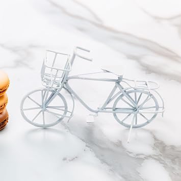 Miniature White Metal Bicycle Model Vintage Style Bike with Basket & Details for Dollhouse Decor, Fairy Garden, Adult Collector