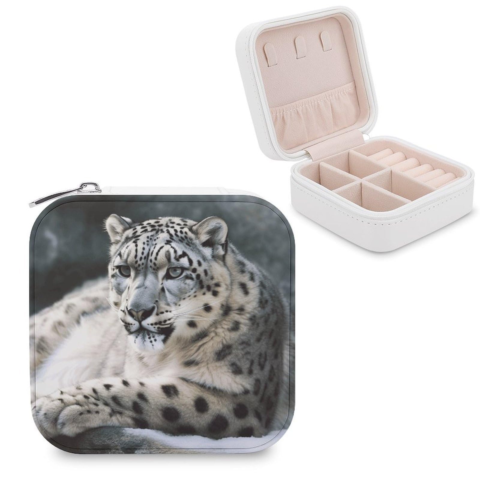 VstaDank Snow Leopard Jewelry Box for Women Jewelry Organizer Storage Case with Zipper Mini Travel Jewelry Case Cute Trinket Organizer Leather Portable Jewelry Storage Box