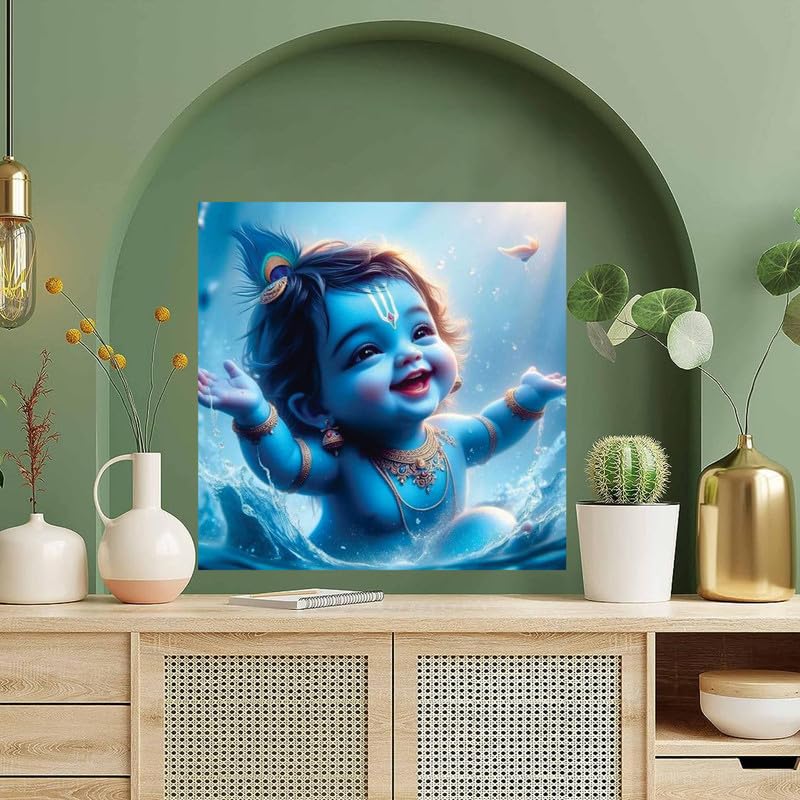 Image of British Terminal Cute little Bal Gopal Baby God Krishna| Kanha Ji | Laddu Lord Makhan Chor Painting Religious Poster for Pregnant Women for wall (matt thin vinyl,sticker,multicolor,unframed)| bj75