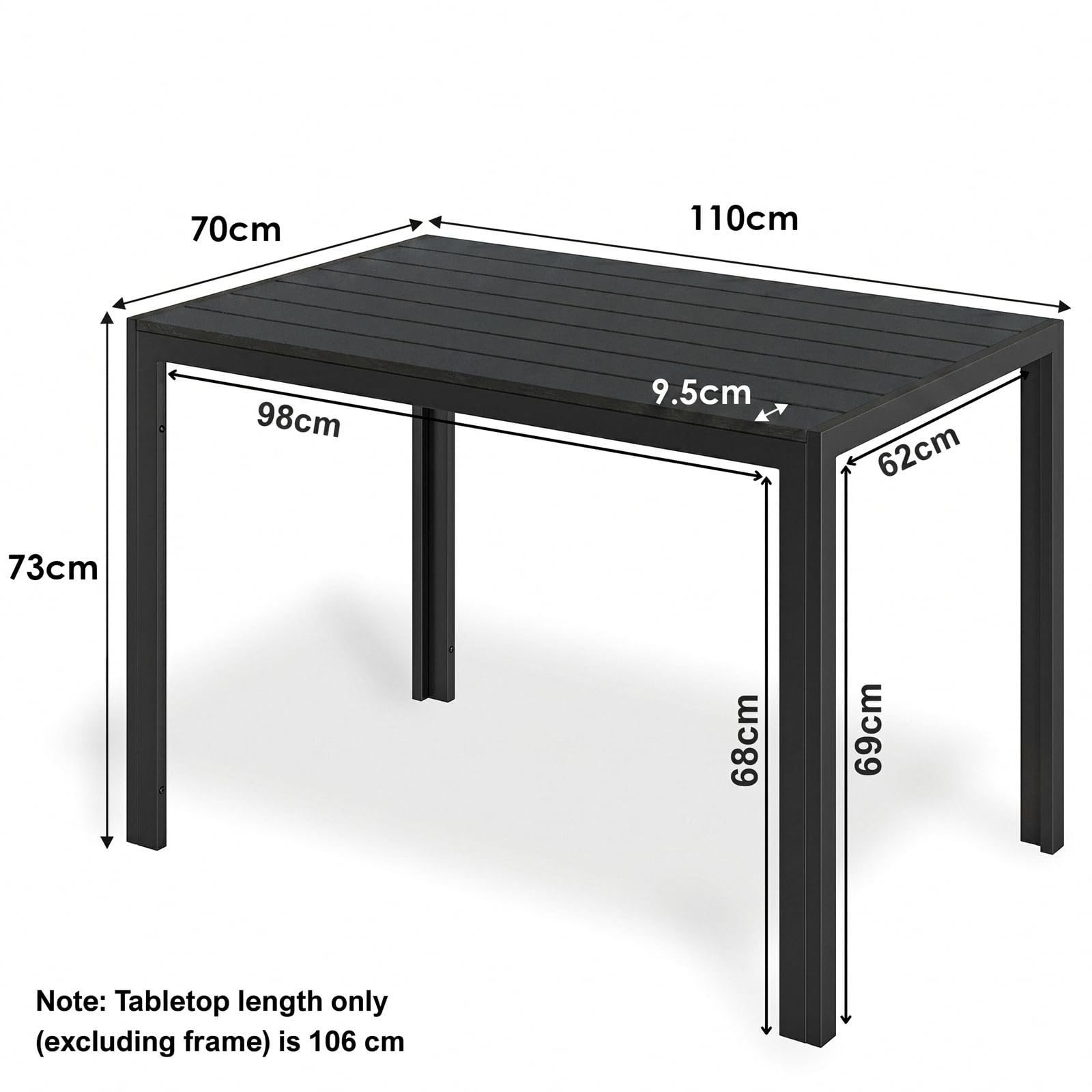 LIFERUN Gartentisch Wetterfest 110x70 cm WPC, Balkontisch Aluminium | Rechteckiger Terrassentisch, Rutschfester Esstisch Garten für 4-6 Personen, Brettbreite 9cm, Schwarz