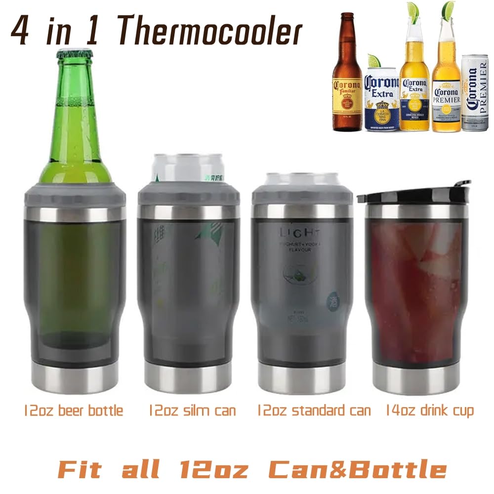PCSCER 4 in 1 Travel Mug and Can Insulator for 12 oz Can and Beer Bottle. Stainless steel Vacuum Insulated Cup and Thermocooler. (White)