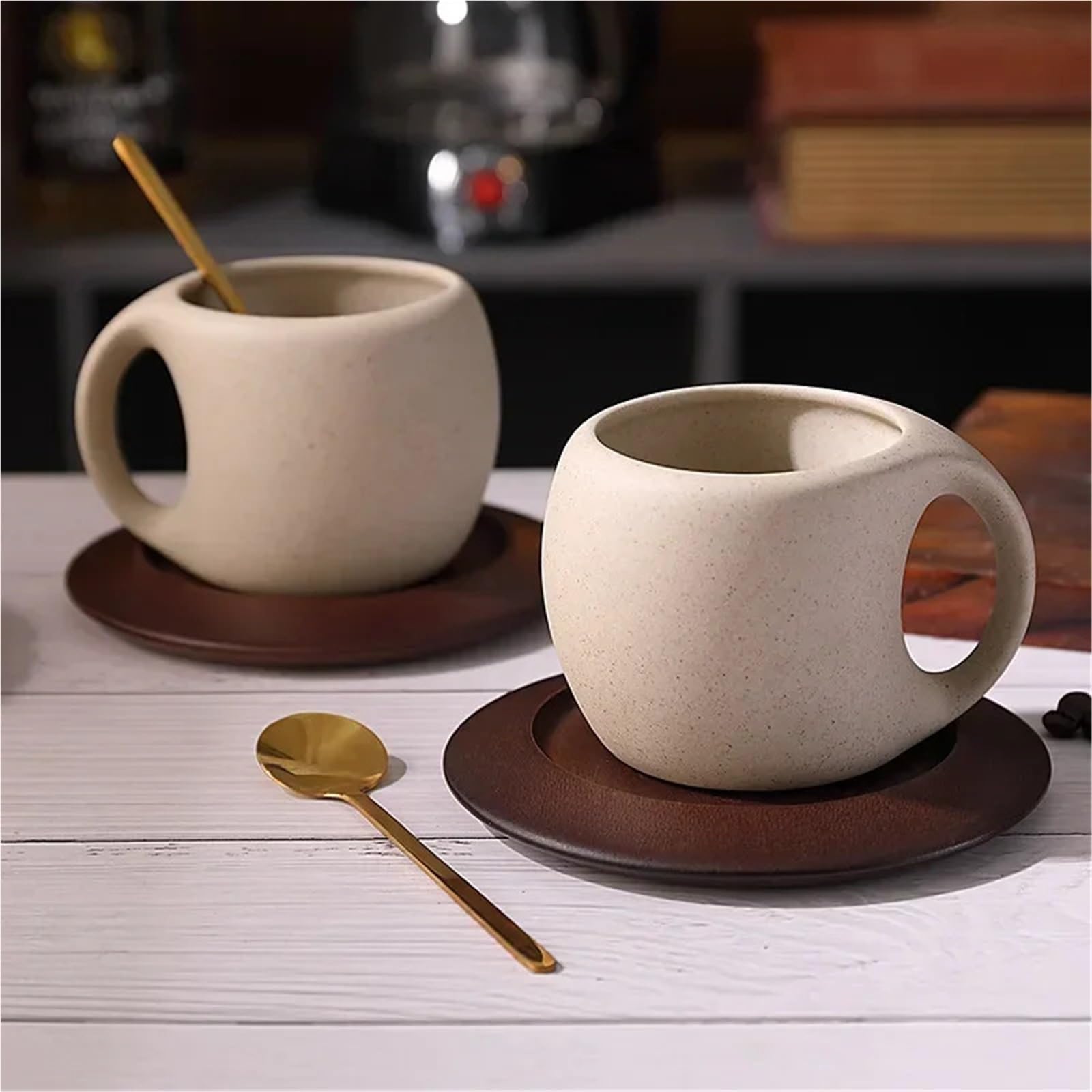 Set di Tazze da caffè e piattini Set di Tazze e piattini da caffè in Ceramica, Tazze da caffè Latte retrò, sottobicchieri in Legno, Tazze da tè, cucchiai e Tazze con Fiori