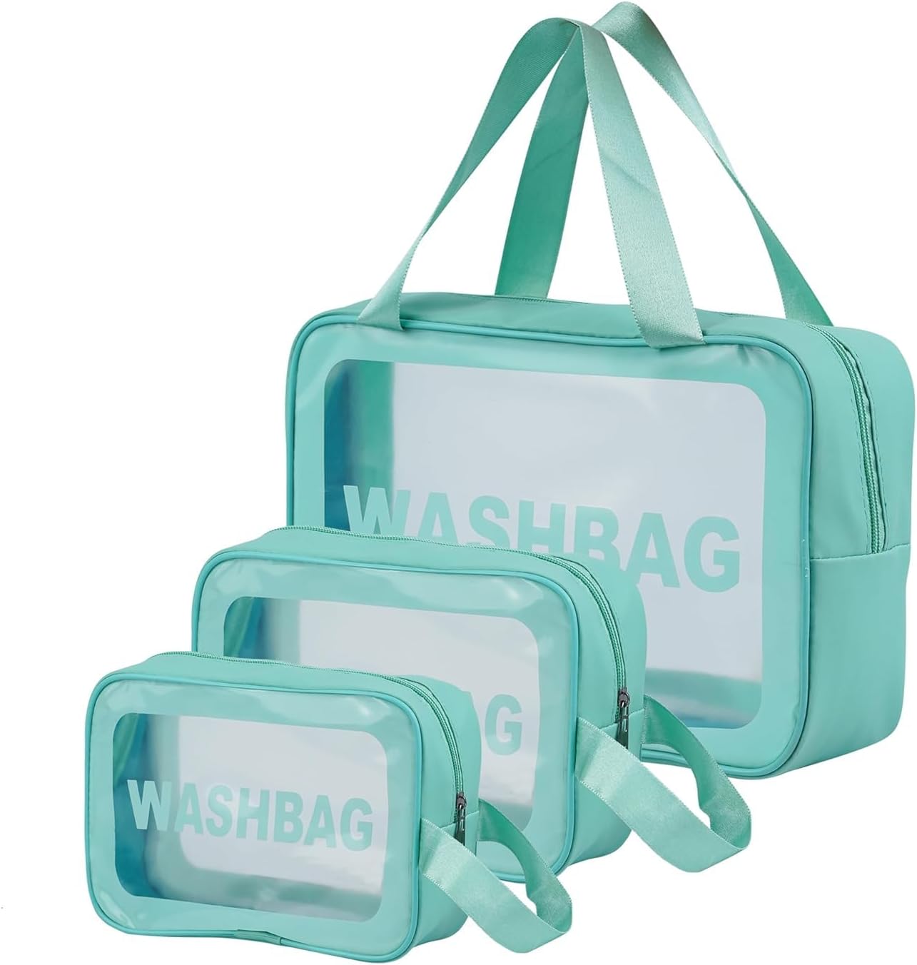 KUKLAR Wash Bag Pouch for Travel Kit Toiletry Bag Cosmetic Bag Make Up Box for Brushes, Accessories with Handle, Large Capacity Translucent Waterproof Travel Storage Organizer Set of 3(Mint Green)