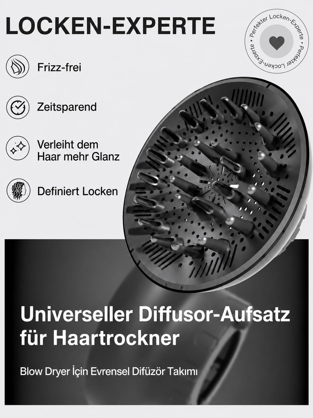 Diffusor Aufsatz Föhn, Diffuser Föhn, Universal Haar Diffusor Anpassungsfähig für Trockner mit Düse D = 3,8-6,1 cm für lockiges oder welliges Haar Styling Maximales Volumen ohne Frizz, Schwarz