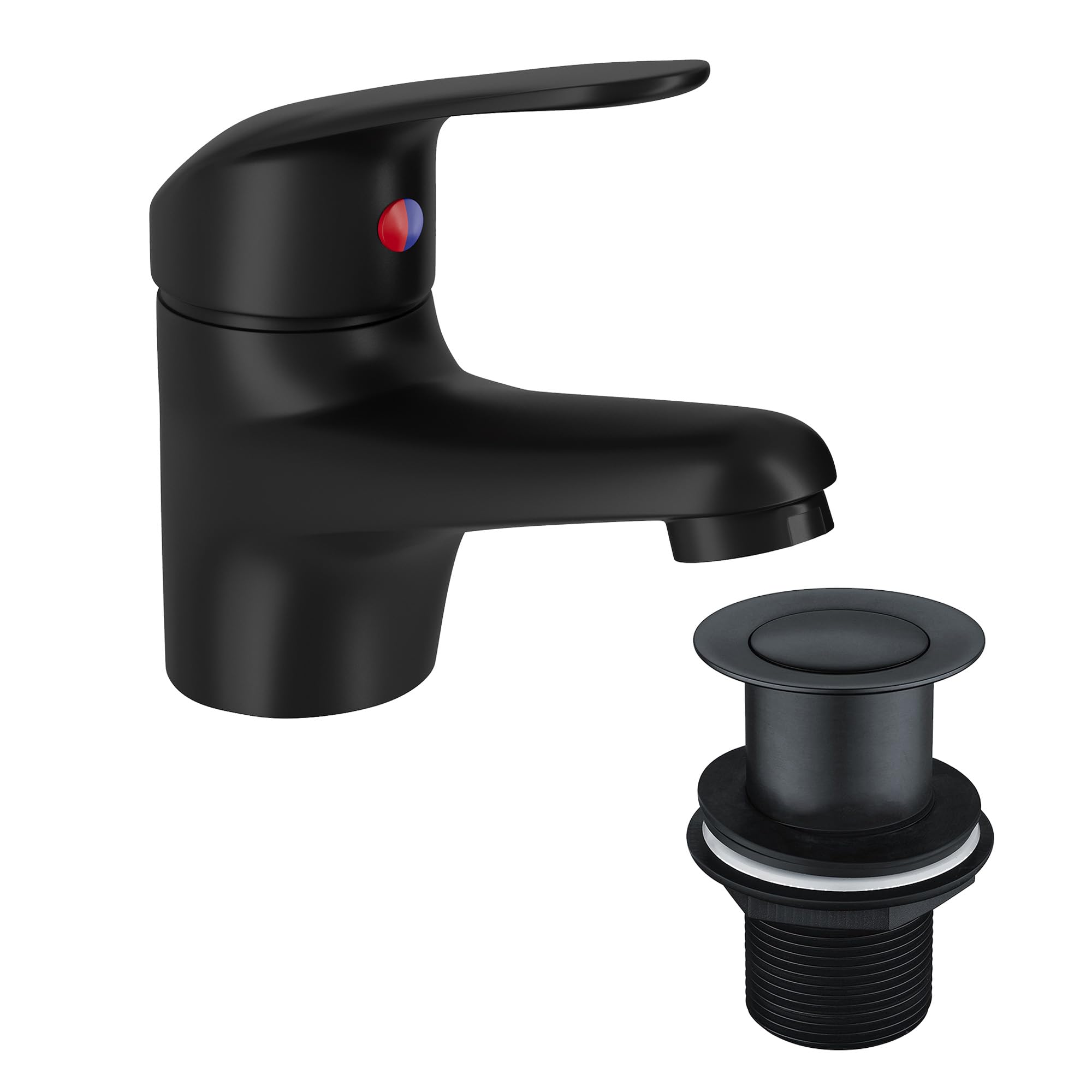 Matt Black Basin Mixer Tap with Pop Up Un-Slotted Waste Monoblock Sink Faucet Single Handle Deck Mounted with Flexi Hoses and Fittings
