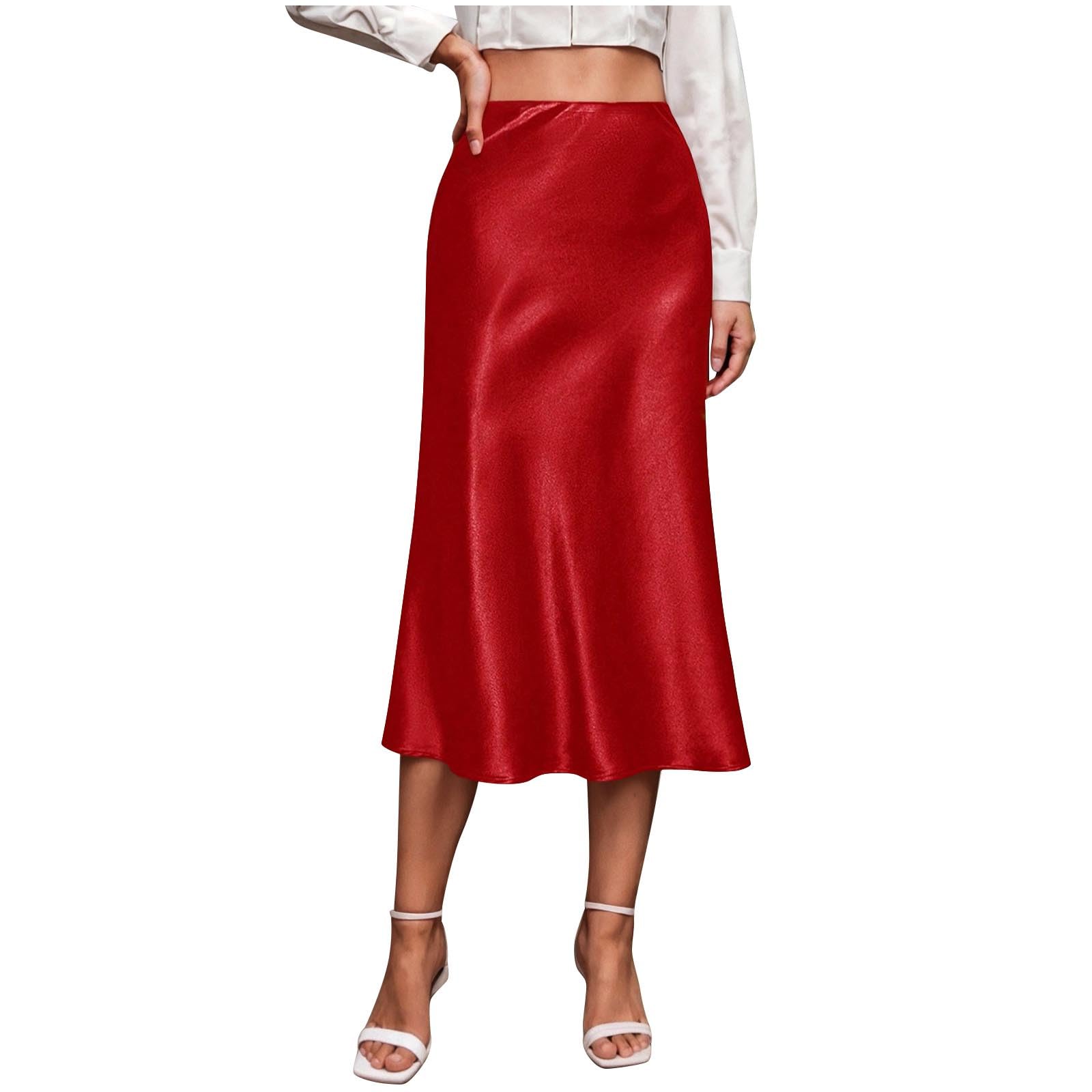 Womens Satin Midi Skirt with Side Zipper - Solid High Waist Slip Skort, Elegant Knee-Length Silk Skirt for Dinner — view 5