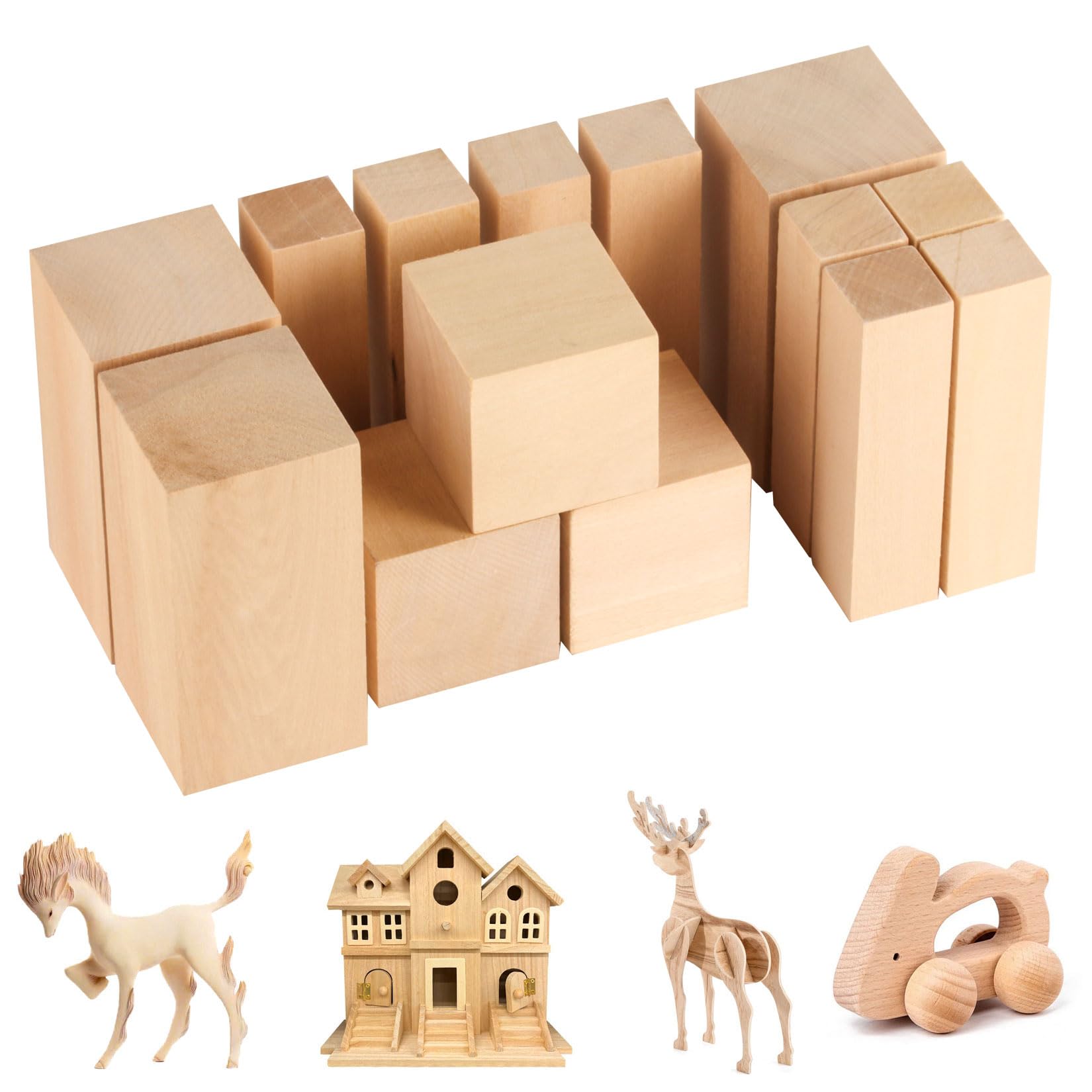 14 Pcs Wooden Blocks for Craft, Basswood Carving BlocksUnfinished Wood Blocks, Wood Carving Whittling Kit for Beginners Adults DIY Arts and Crafts(3 Sizes)