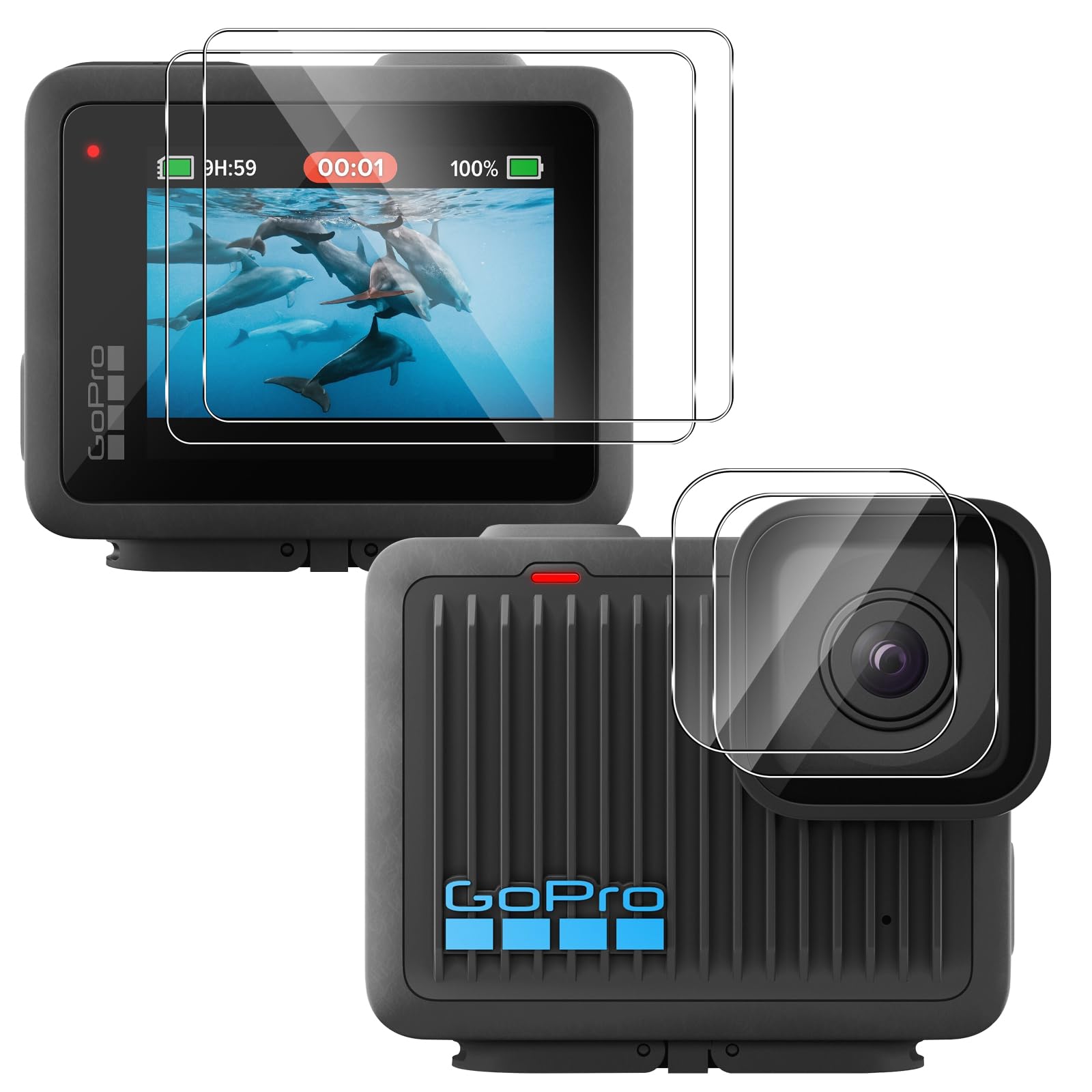 QULLOO Pellicola Protettiva per GoPro LIT Hero/GoPro Hero, 2 Pezzi Film Vetro Temperato Schermo+2 Pezzi Pellicole Protezione Fotocamera Posteriore, Durezza 9H, Anti-Scratch, HD Chiaro