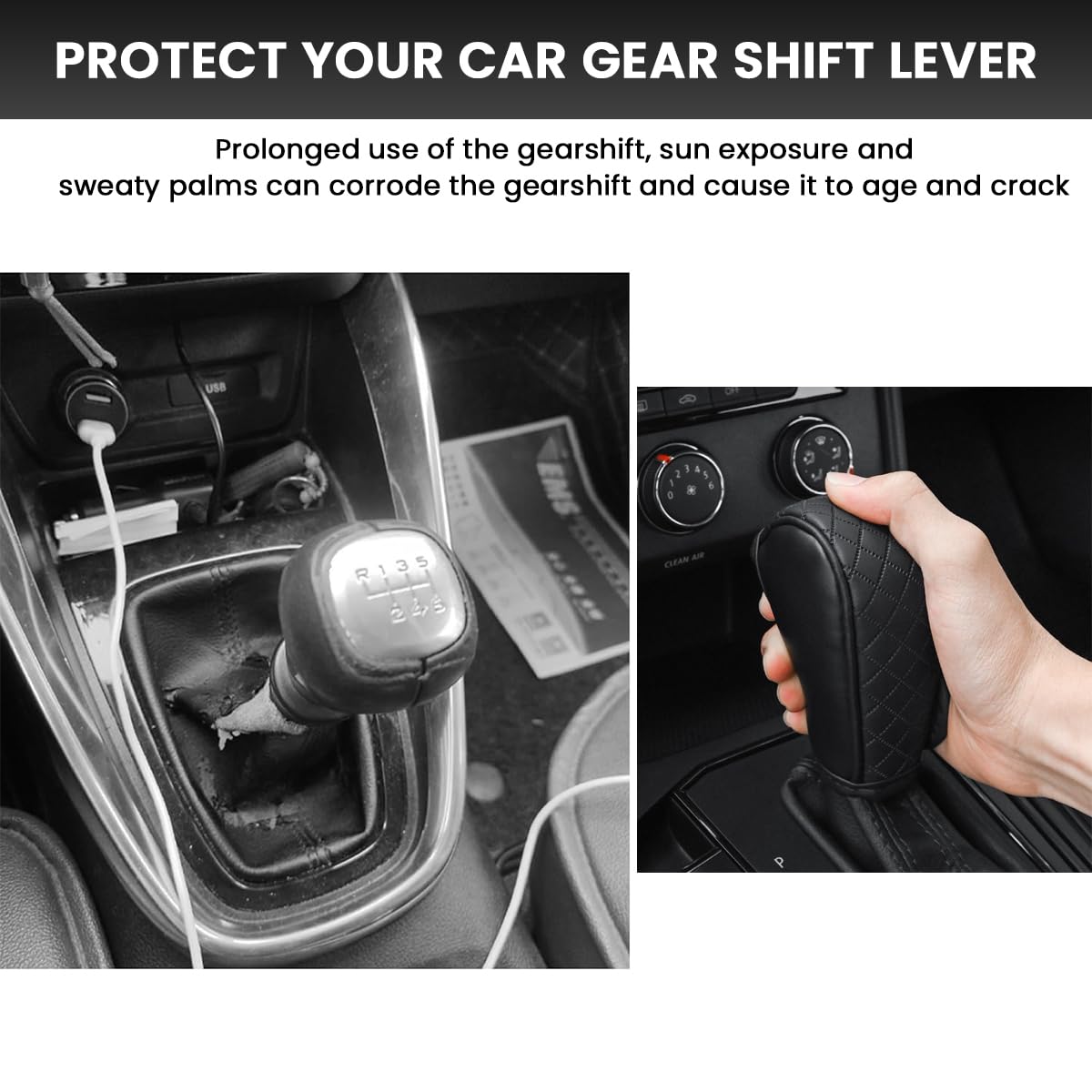 STHIRA® Premium PU Leather Car Gear Knob Cover Fashionable Anti-Slip, Durable & Universal Fit Car Gear Cover Protects Against Scratches/Wear, Enhances Car Interior, Black Color, 12 * 9 * 5cm - Image 3 thumbnail