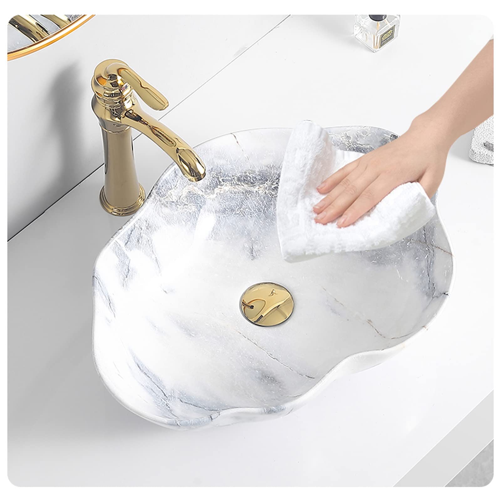 Umywalka łazienkowa nablatowa ceramiczna umywalka łazienkowa nablatowa z owalną strukturą marmuru, umywalka nablatowa ze złotym kranem i odpływem,E