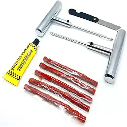 Kit Reparo de Pneu Sem Câmara 10 Peças Escareador Aplicador Cola Vulcanizante 5 Cordões até 5mm com Estilete e Chave Allen Emergencial para Carros e Motos