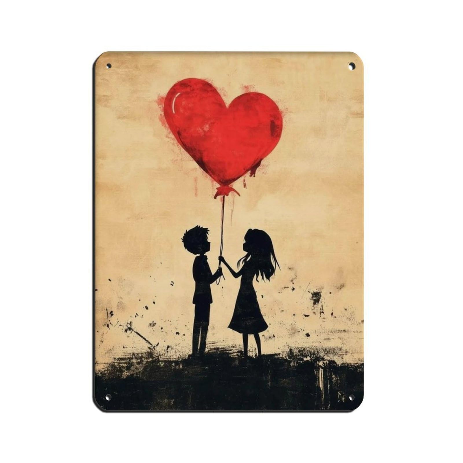 Romantic Silhouette Couple with Heart Balloon Oil Painting Tin Sign Vintage Metal Pub Club Cafe Bar Home Wall Art Decoration Poster Retro 12x16inch(30x40cm)