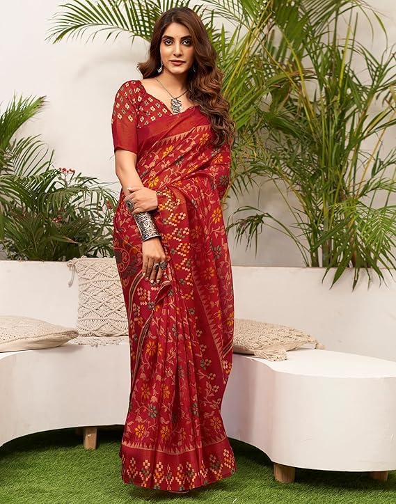Women's Cotton Printed Saree, Red Floral Design, with Unstitched Blouse Piece