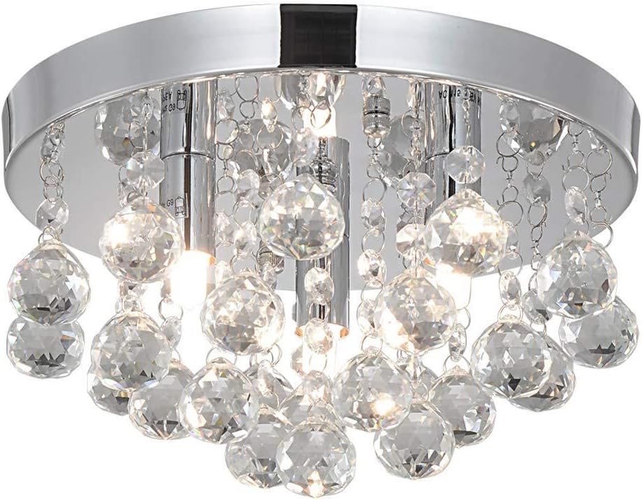 Modern Round Crystal Chandelier Light, 3 Light Crystal Flush Mount Small Chandelier, Silver Modern Ceiling Lamps Chandelier Crystal Silver Light Fixture for Hallway, Bedroom, Living Room, Dining Room