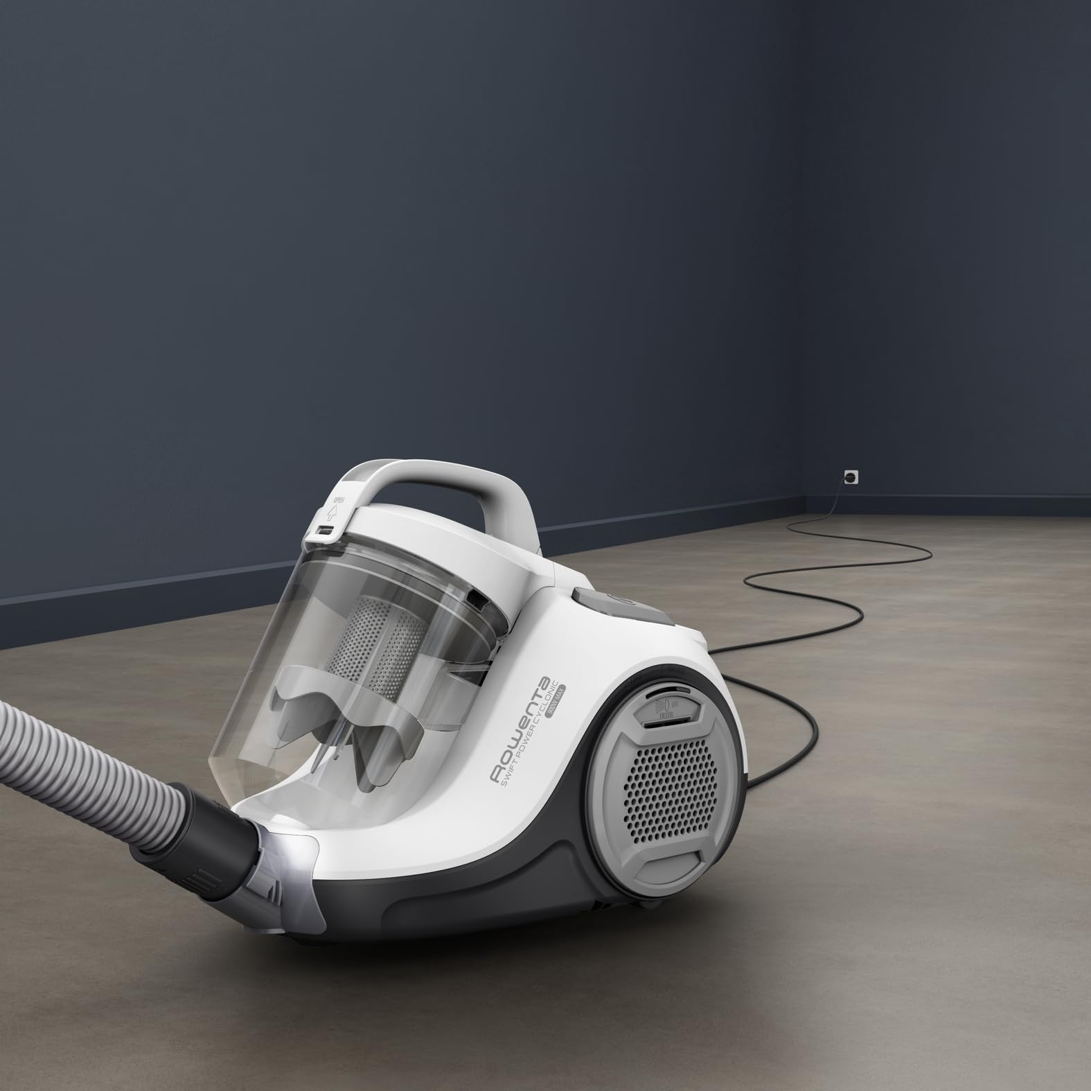 Rowenta Aspirateur sans Sac, Moteur Basse consommation, Puissance 900 W, Format Compact, Haute Filtration, Rayon d'action de 7,6 m, Swift Power Cyclonic Blanc RO2917EA