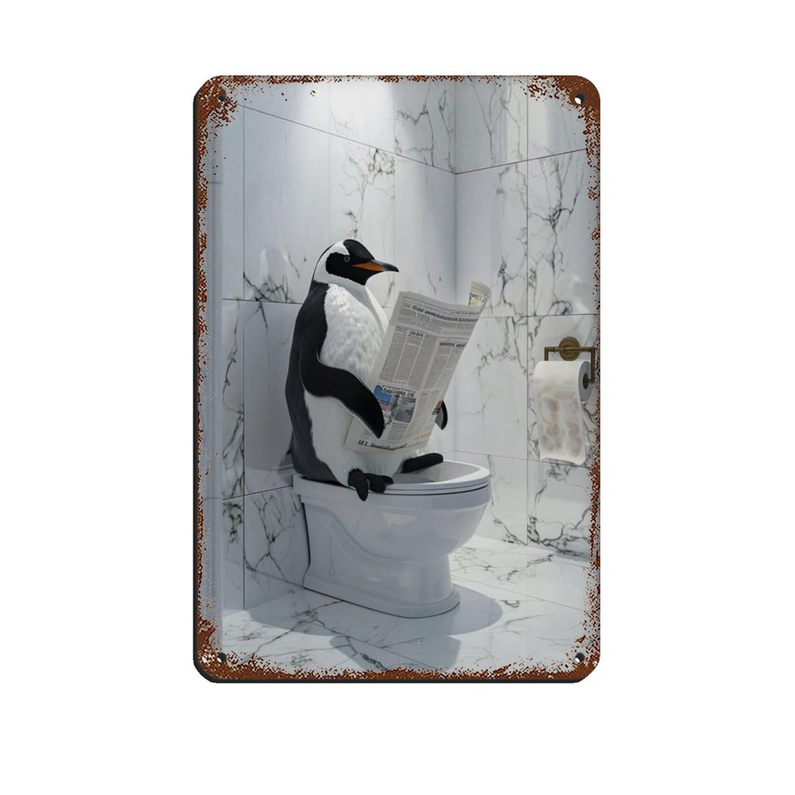Penguin Sitting on The Toilet Reading A Newspaper (4) Tin Sign Vintage Metal Pub Club Cafe Bar Home Wall Art Decoration Poster Retro 8x12inch(20x30cm)