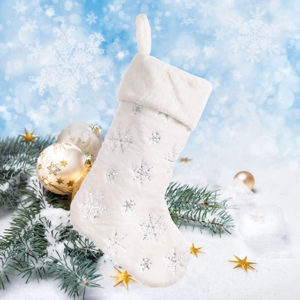 Ewolee Christmas Stockings, 19 Inches Tall White Plush Xmas Snowflakes Stocking Socks Holders with Hanging Loops for Holiday Ornaments Party Decorations (Silver)