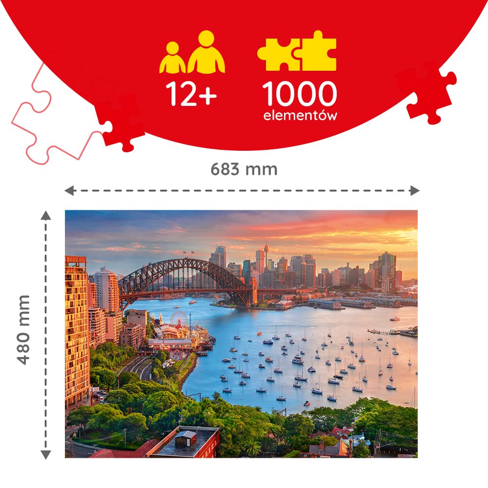 Trefl - Sydney, Australia - Puzzle 1000 Elementów - Panorama Miasta, Malownicza Zatoka, Układanka DIY, Kreatywna Rozrywka, Zabawa, Puzzle Klasyczne dla Dorosłych i Dzieci od 12 Lat | CZERWONY, DIY, kreatywna rozrywka, klasyczna układanka, 14+