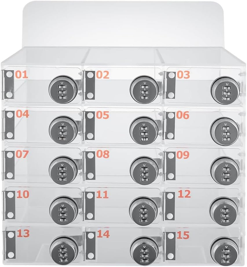 15 Slots Acrylic Cell Phone Storage Locker with Combination Lock, Wall-Mounted Clear Phone Storage Organizer Box Cell Phone Jail Lock Box Secure Phone Storage for Employees Classroom