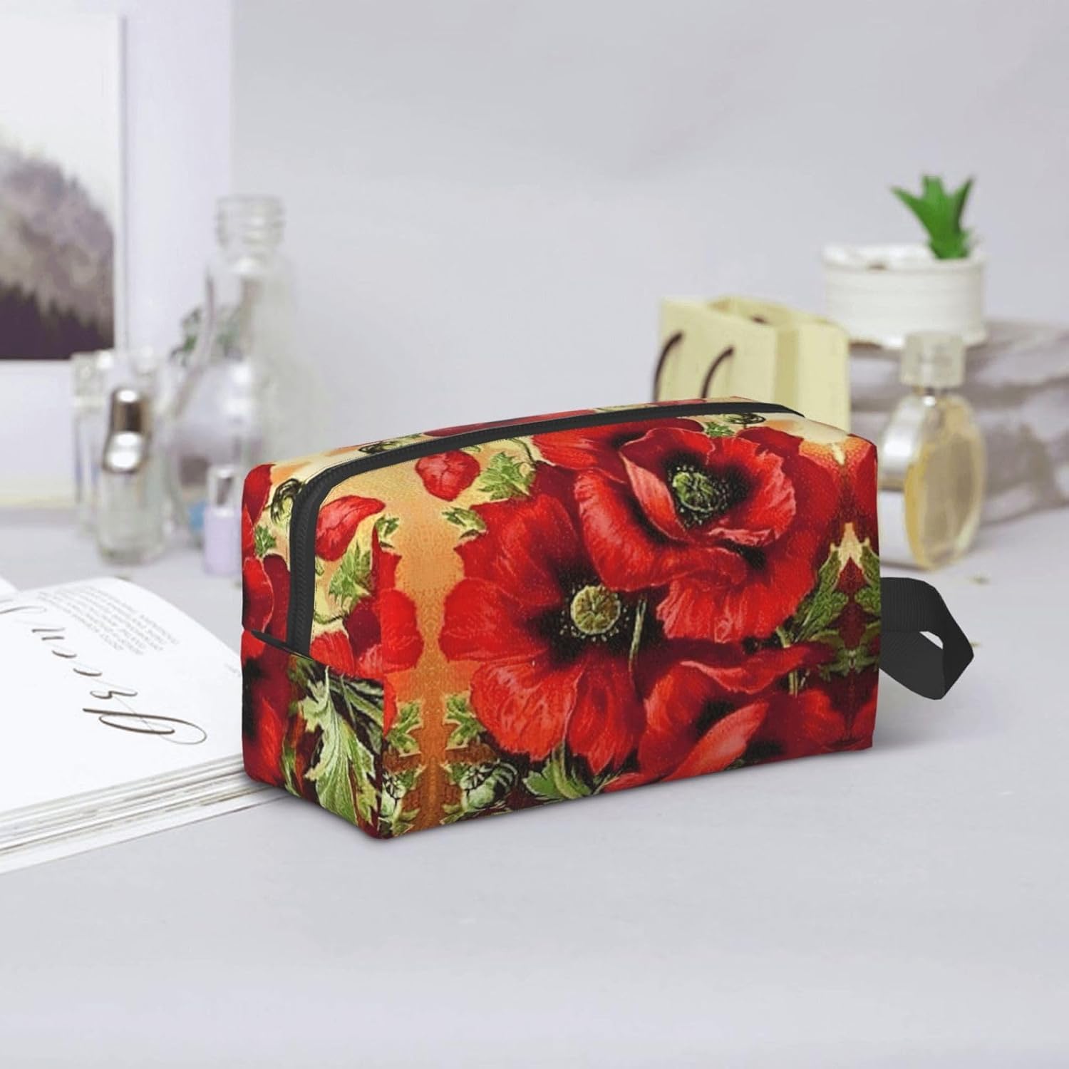 Grande Beauty Case da Viaggio con Fiore di Papavero Rosso - Organizer per Trucchi Versatile da Appendere, Adatto A Donne E Uomini, Design Spazioso per Un Facile Imballaggio E Viaggi Eleganti