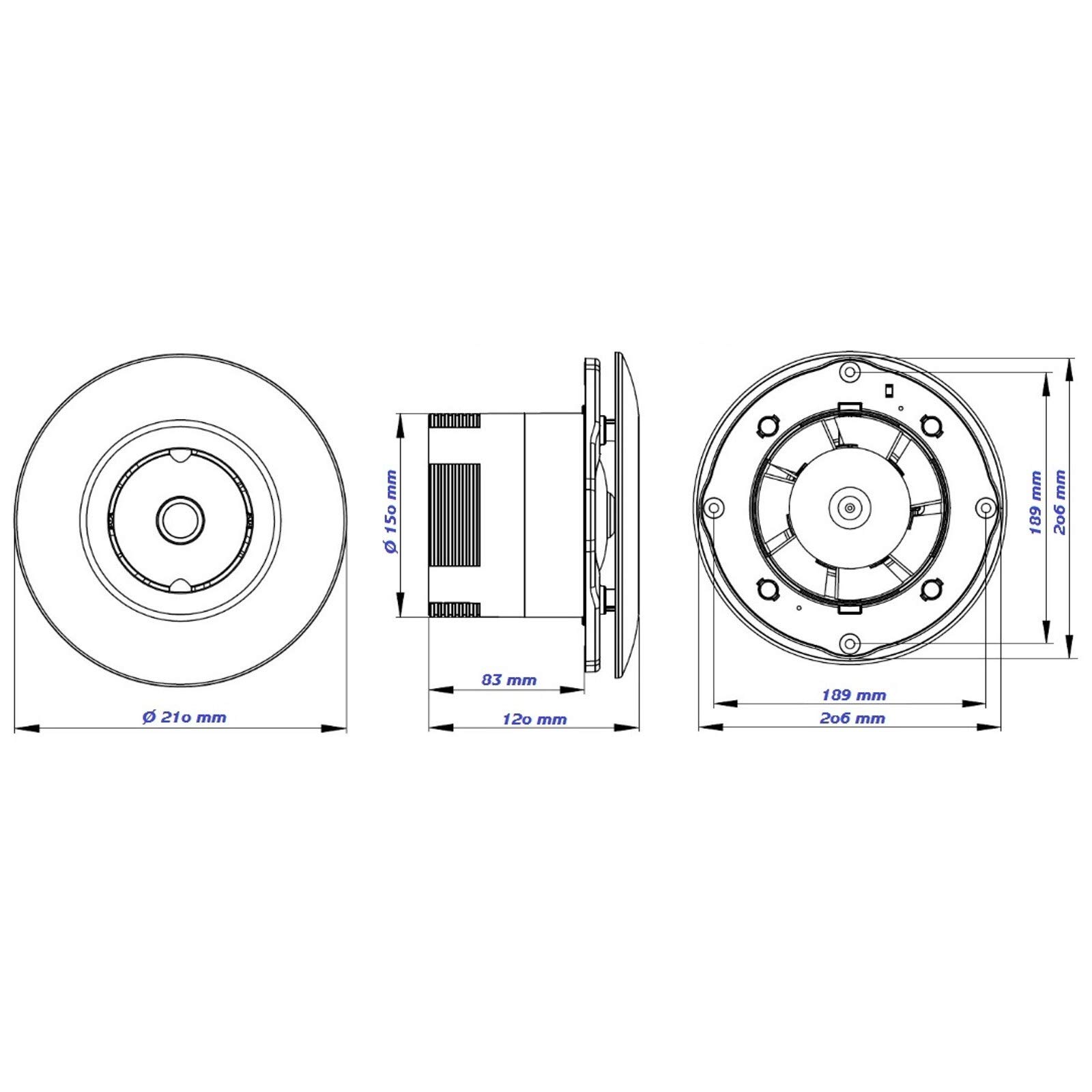VONLIS Badlüfter Ventilator Wand Decke Niederspannung rund Ø 150 mm Bewegungsmelder + Rückstaukl.
