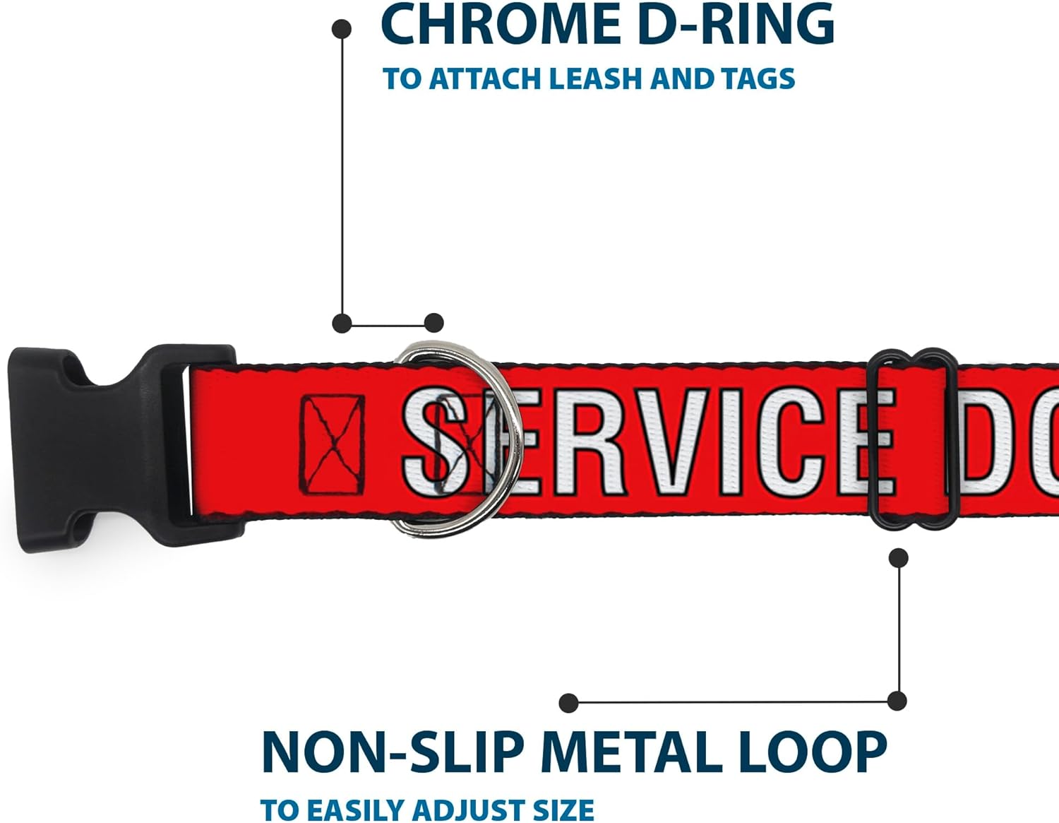 Buckle-Down Pet Collar, Dog Collar Plastic Buckle, Service Dog Text Red Black White, 13 to 17 Inches 1.5 Inch Wide