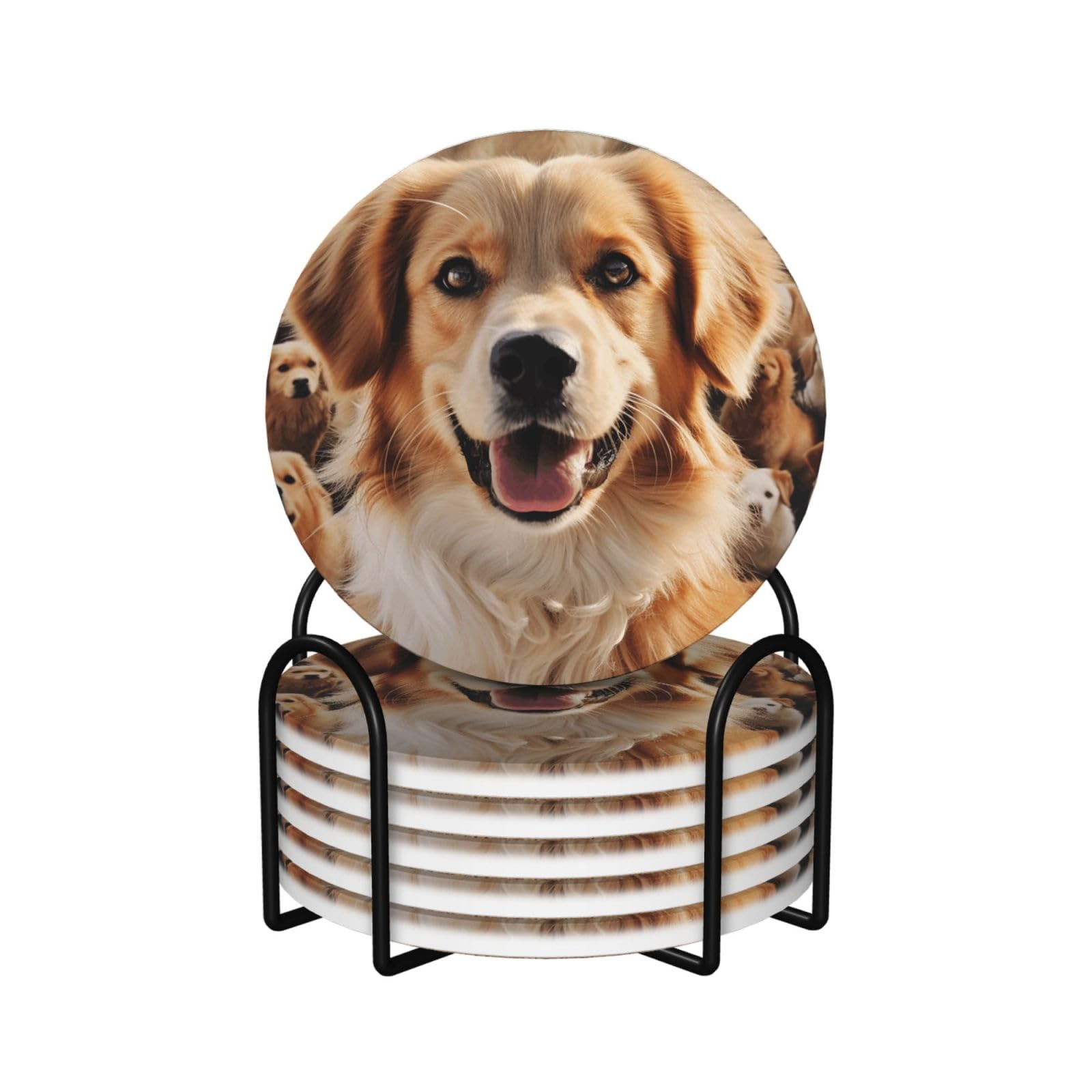 6Pcs Ceramics Coaster for Drinks, Dogs Retriever Cup Coasters with Holder, Aesthetic Drink Coasters for Coffee Table, Absorbent Round Coaster for Tabletop Protection 4" Cup Mat Pad