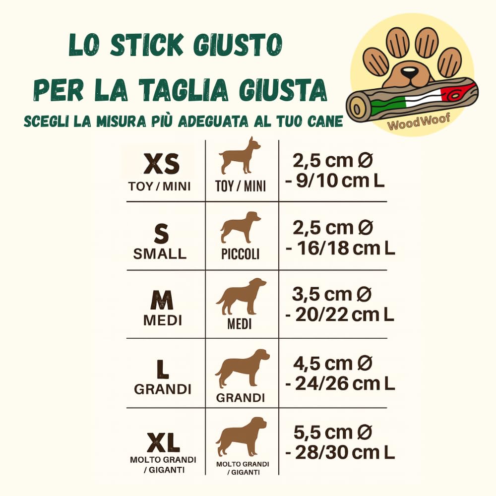 WoodWoof Masticativi Naturali per Cani Stick Ulivo S 60-120 g Antistress Igiene Dentale