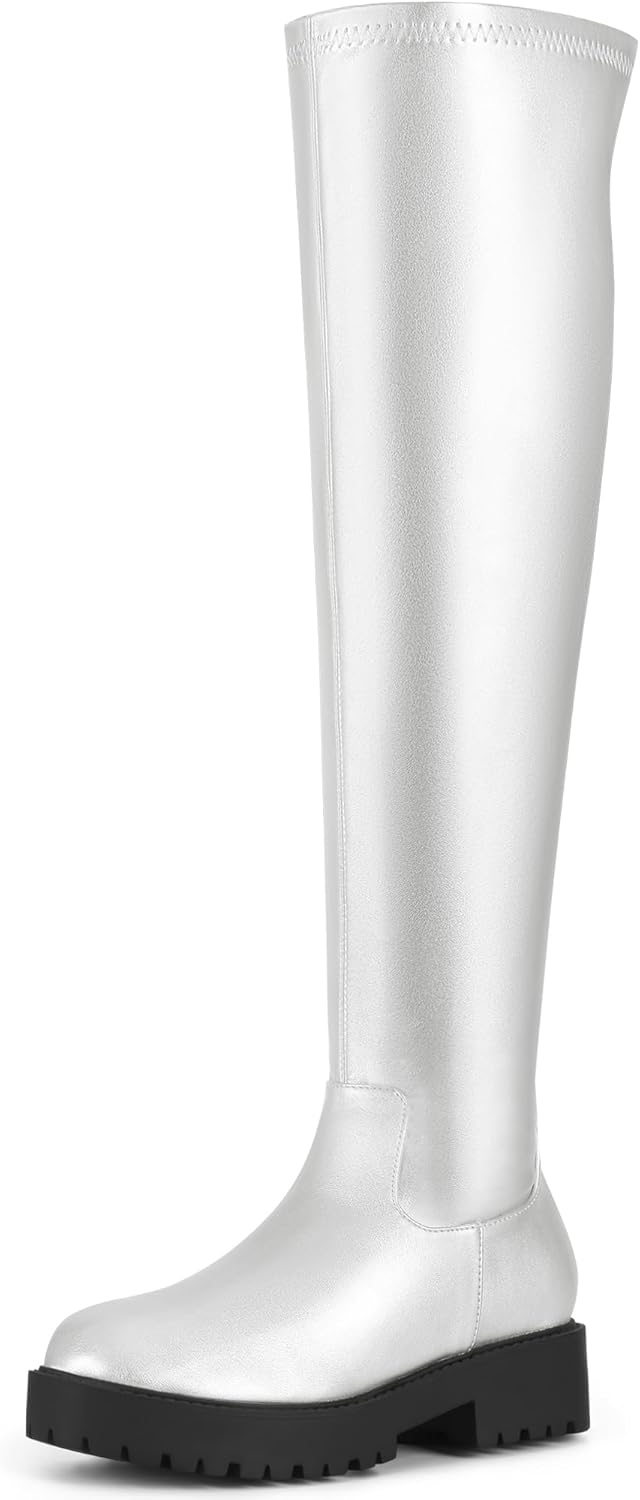 Allegra K Women's Platform Round Toe Lug Sole Chunky Low Heel Over Knee Thigh High Boots