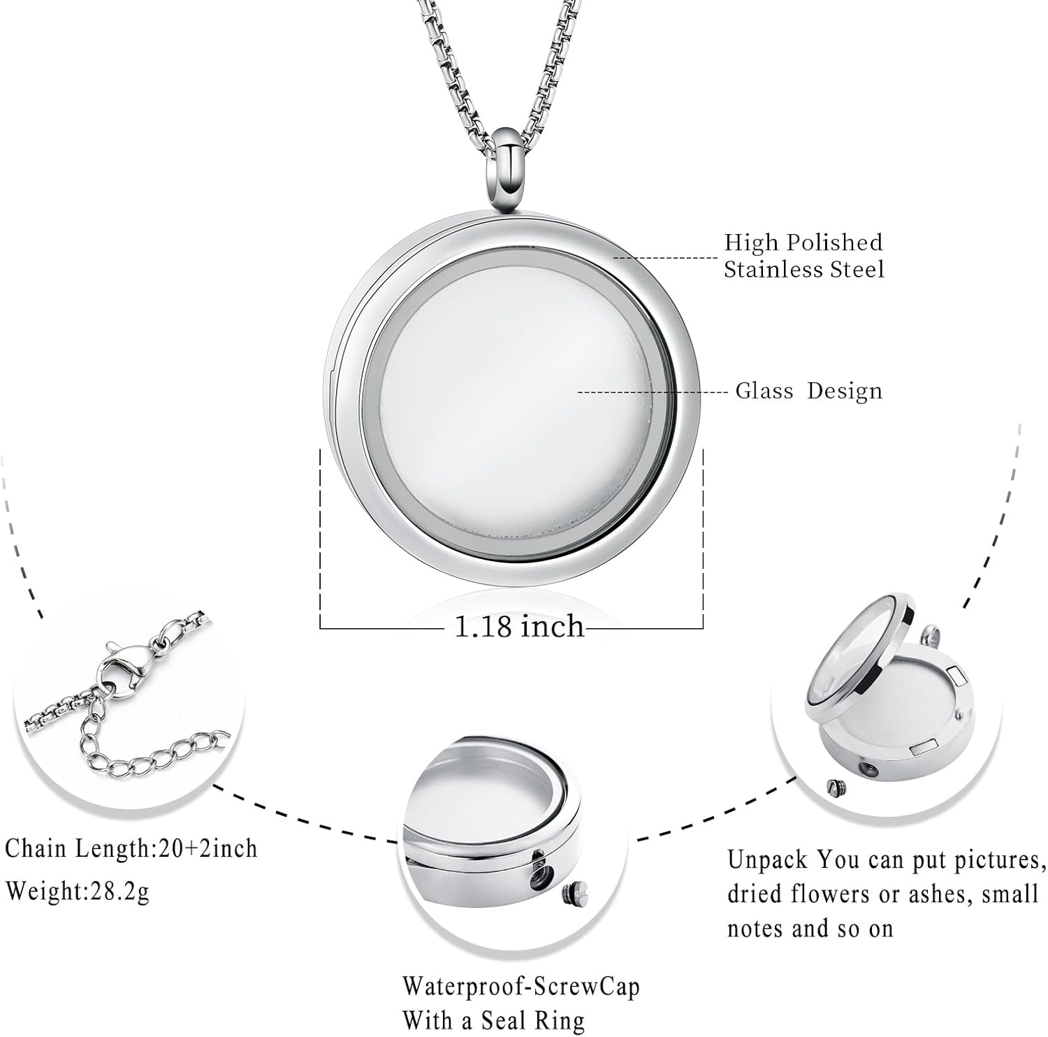 Oinsi Cremation Locket Necklace For Ashes Of Loved One Carry Photo Glass Memorial Urn Jewelry 316L Stainless Steel Keepsake Gifts - Image 2