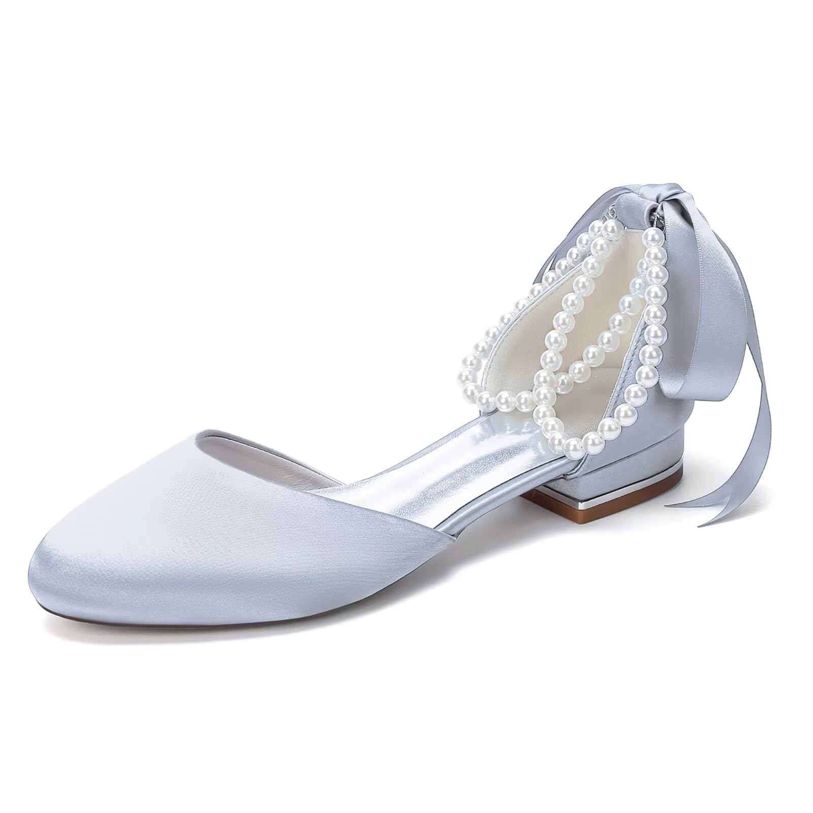 Scarpe da Matrimonio in Raso Donna Tacco Largo Basso Eleganti con Perle Punta a Tonda Scarpe da Ballo Festa Serata Cerimonia