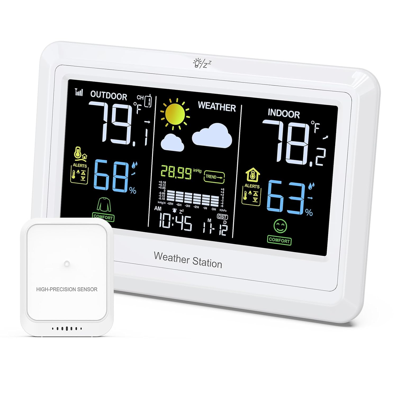 Weather Station Wireless Indoor Outdoor Thermometer, Color Digital Thermometer Humidity Monitor with Weather Forecast, Barometric Pressure, Alert, Calendar, Adjustable Backlight for Home