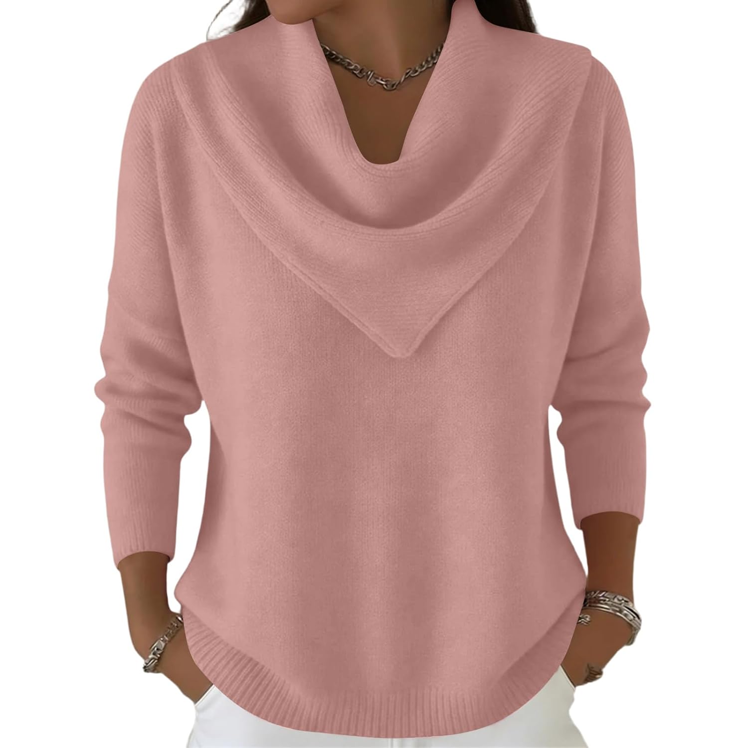 Womens Cowl Neck Sweater Lightweight Solid Color Long Sleeve Knit Pullover Jumper Cozy Casual Loose Retro Soft Top
