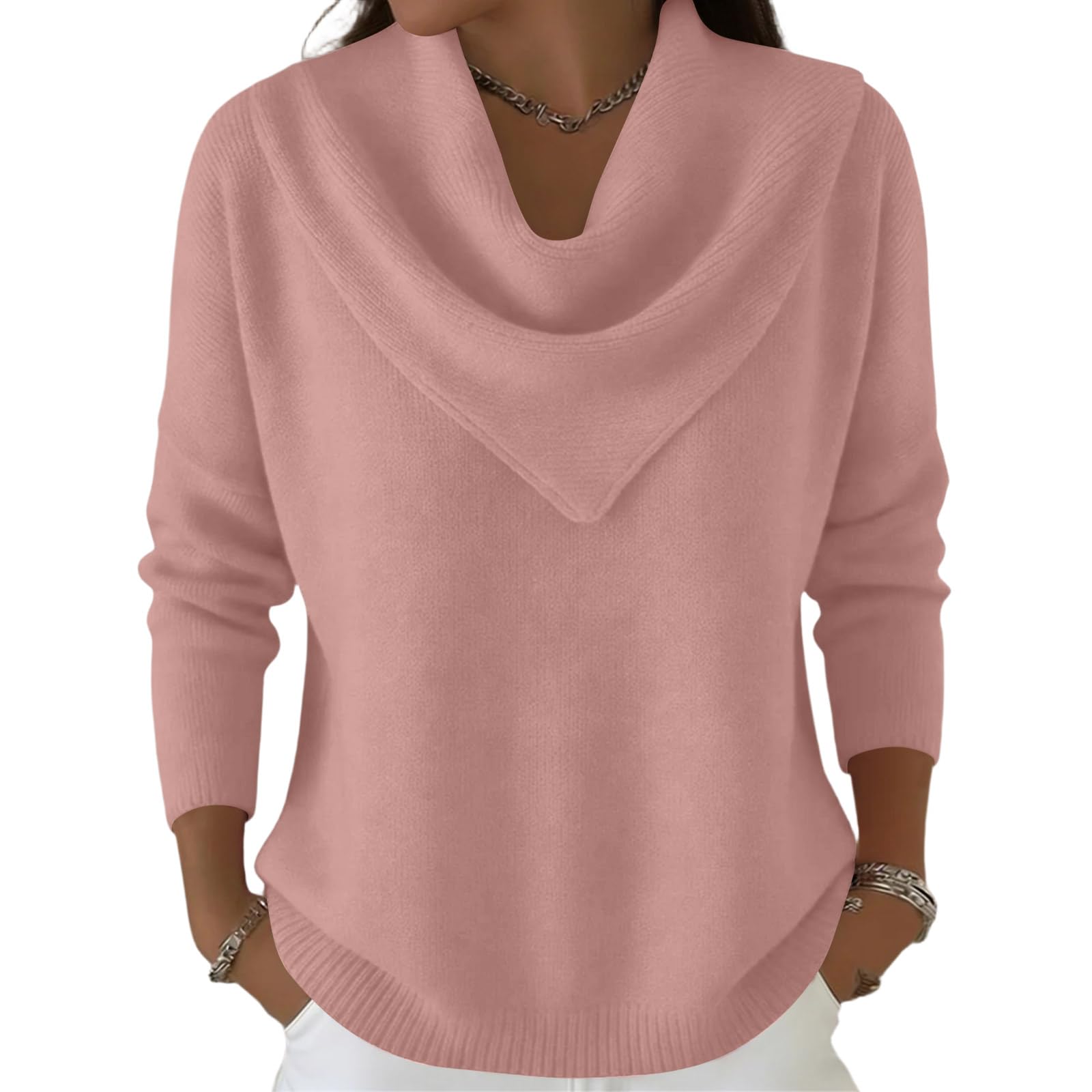 Womens Cowl Neck Sweater Lightweight Solid Color Long Sleeve Knit Pullover Jumper Cozy Casual Loose Retro Soft Top