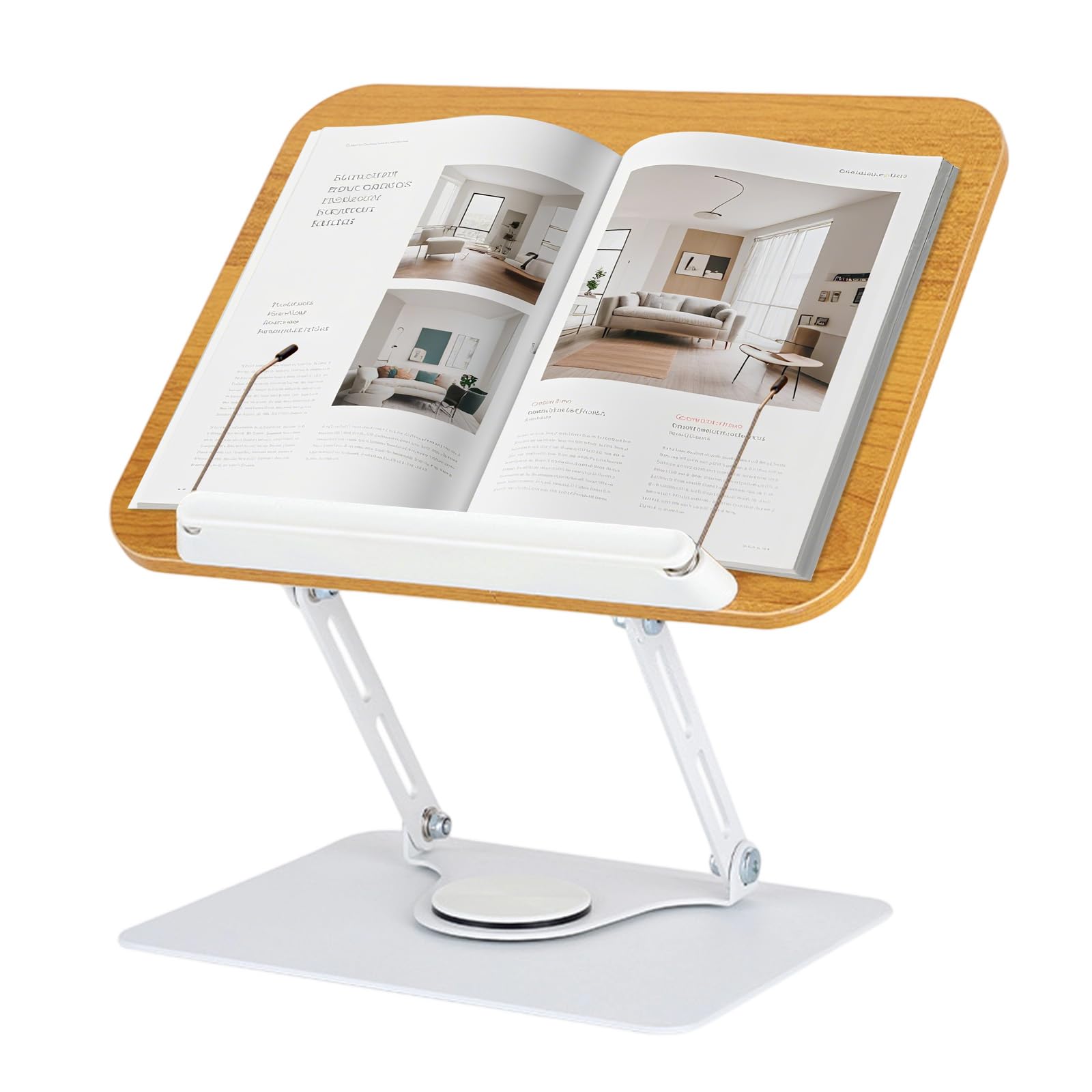 Buchständer Verstellbarer, Holz Buchhalter Leseständer zum Lesen mit 360° Drehbarer Basis, Kochbuchständer, Rezeptbuchhalter mit elastischen Seitenklammern für Musikpartituren Rezepte Tablet Laptop