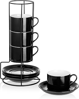 8 OZ Porcelain Stackable Cappuccino Cups and Metal Stand Set of 4