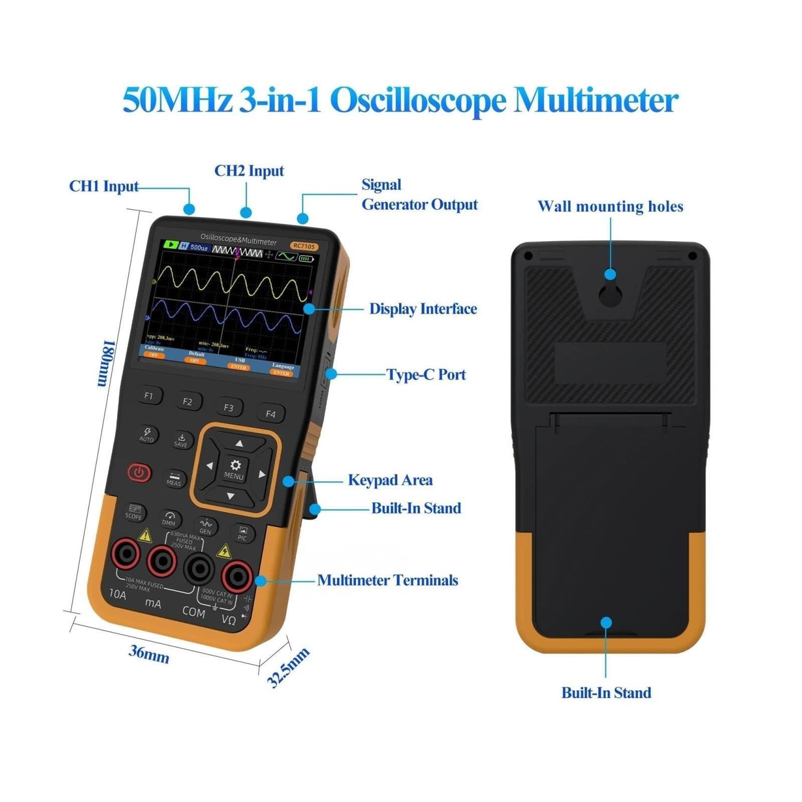 Osciloscopio Digital Generador multímetro osciloscopio portátil 3 en 1 de Doble Canal 50MHz