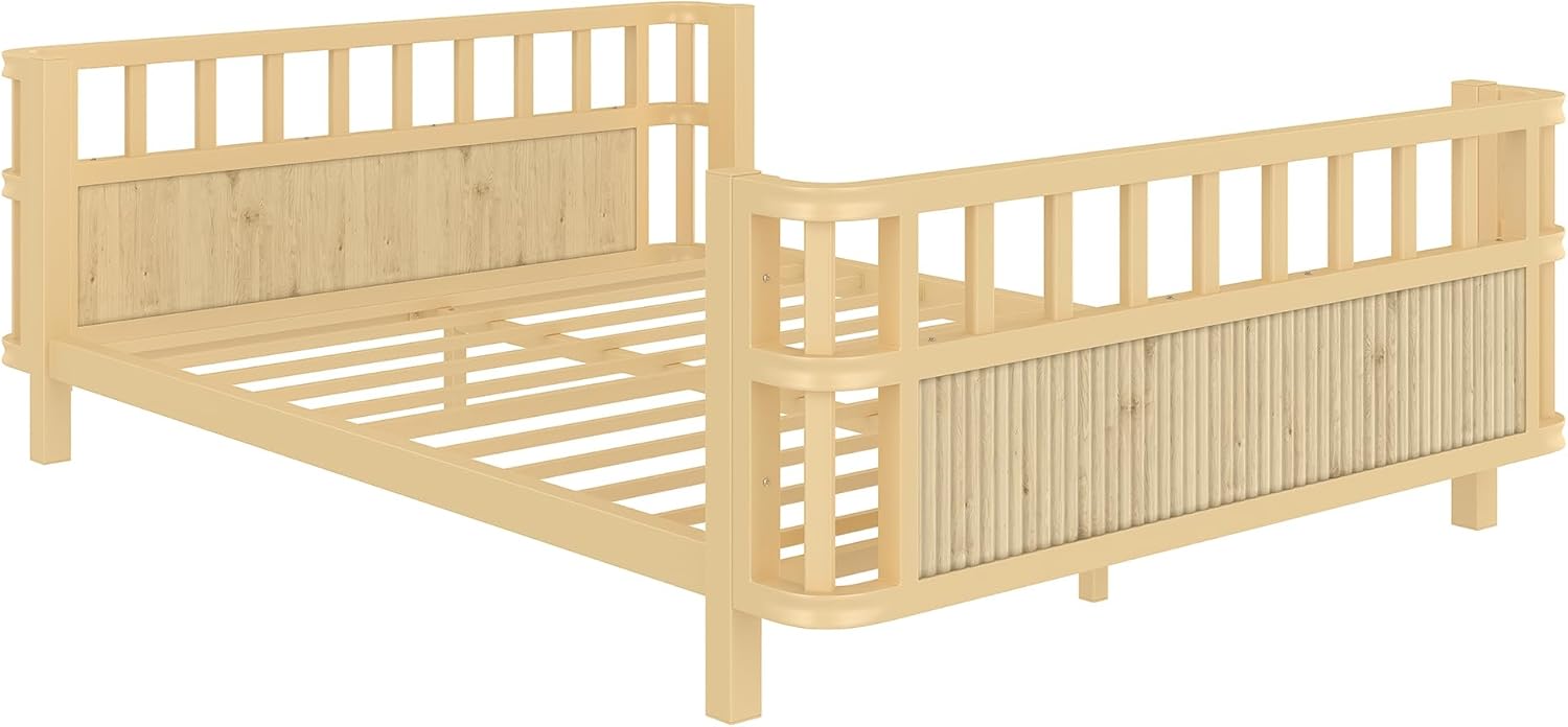 Bellemave Metal Full Size Montessori Bed with Fence and Slats, Full Size Low Platform Bed Frame with Detachable Side Bed Rails and Rounded Corner Design, Natural