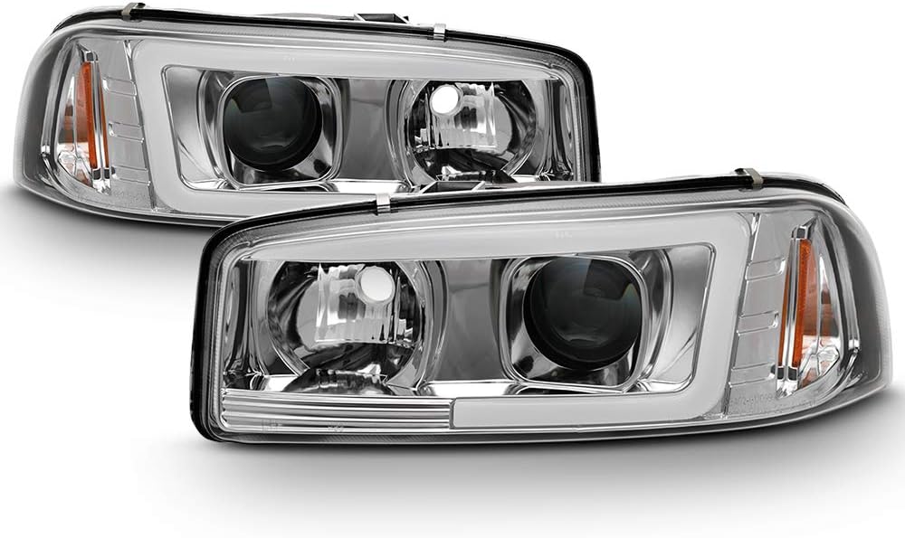 AKKON - For 99-06 GMC Sierra 1500 2500HD 3500 C3 Yukon XL Chrome LED Tube Projector Headlights + LED Bumper Lamp Pair