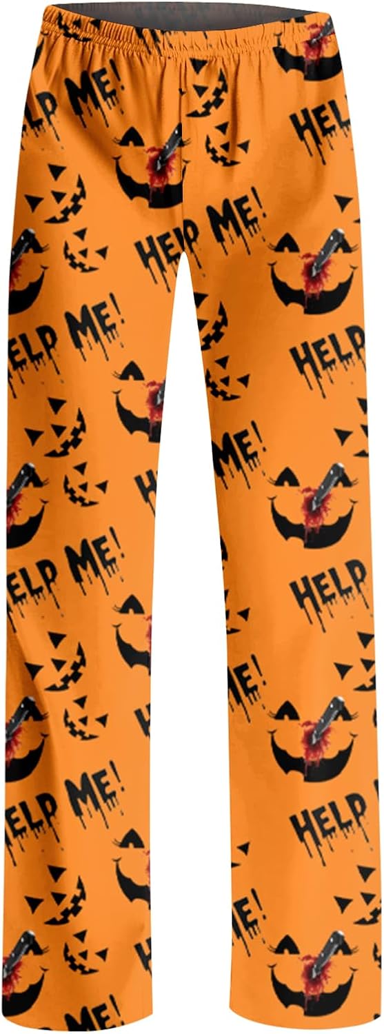 Ladies Fall Wide Leg Pants Black Cat Bat Halloween Pajama Sleep Elastic Waist Pants Casual Lounge Bottoms