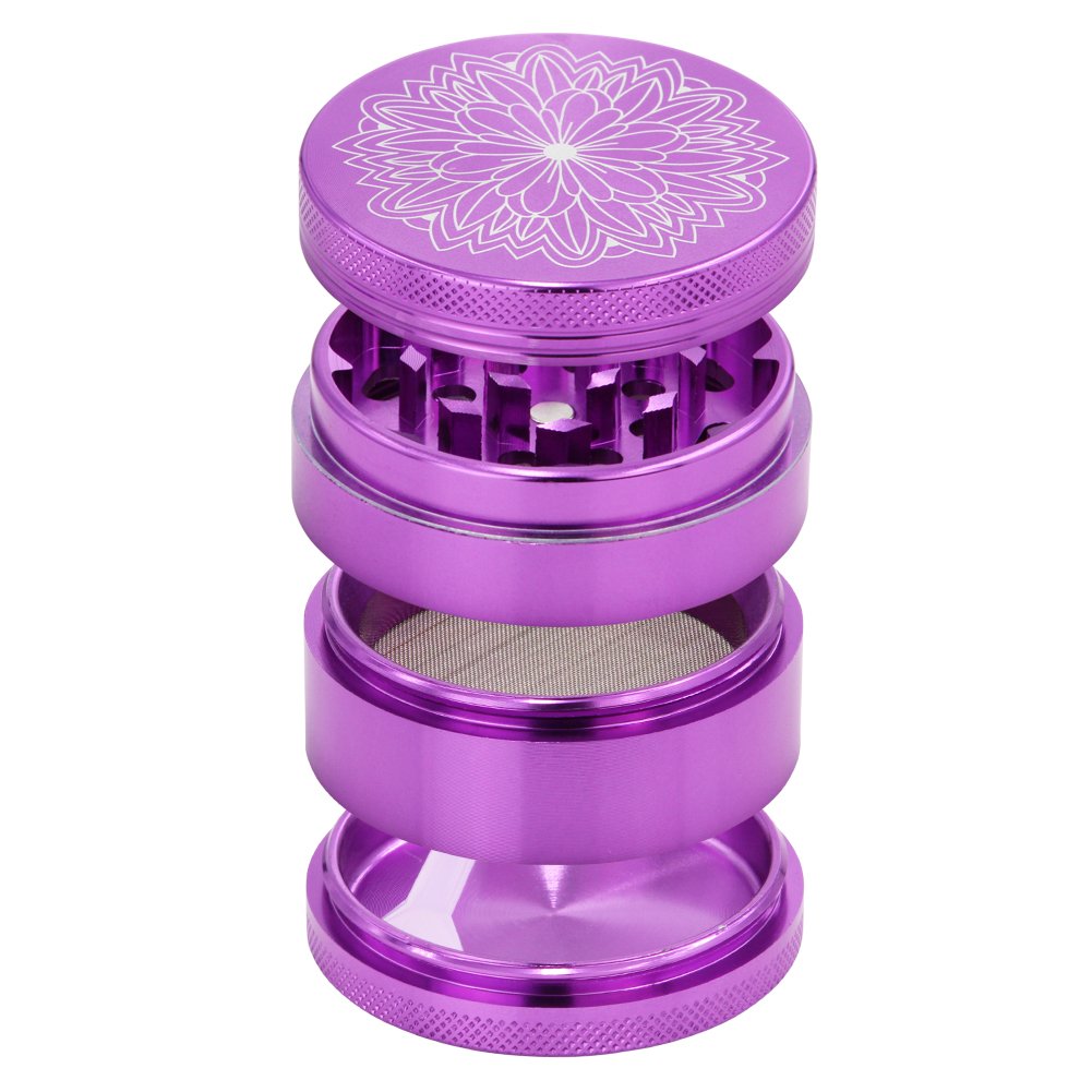 DCOU Nuevo Diseño Premium Molinillo de hierba de aluminio 2.2 pulgadas 4 piezas molinillo de metal con catcher de polen con flor tallada (Púrpura)