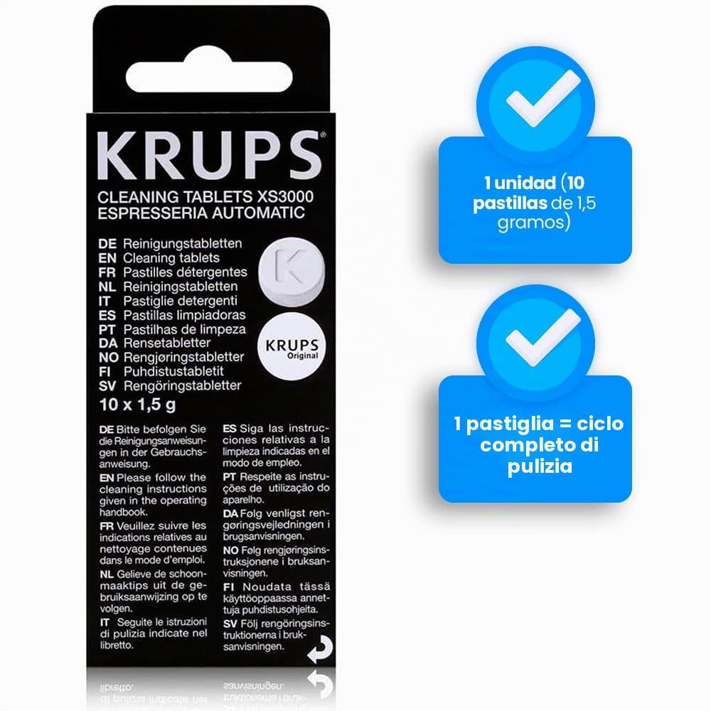 Krups Tavolette Detergenti XS300010 per Macchina da caffè | Pastiglie Decalcificanti Macchina da caffè, Pastiglie Krups Pulizia Caffettiera, 1,5 gr x 10 pezzi