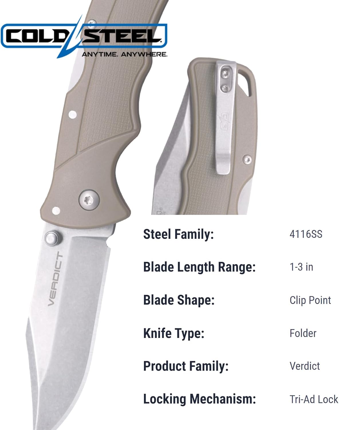 Cold Steel Verdict 3" 4116SS Clip Point Blade 4.25" GFN Flat Dark Earth Handle Everyday Carry Tactical Folding Knife, Blister Pack