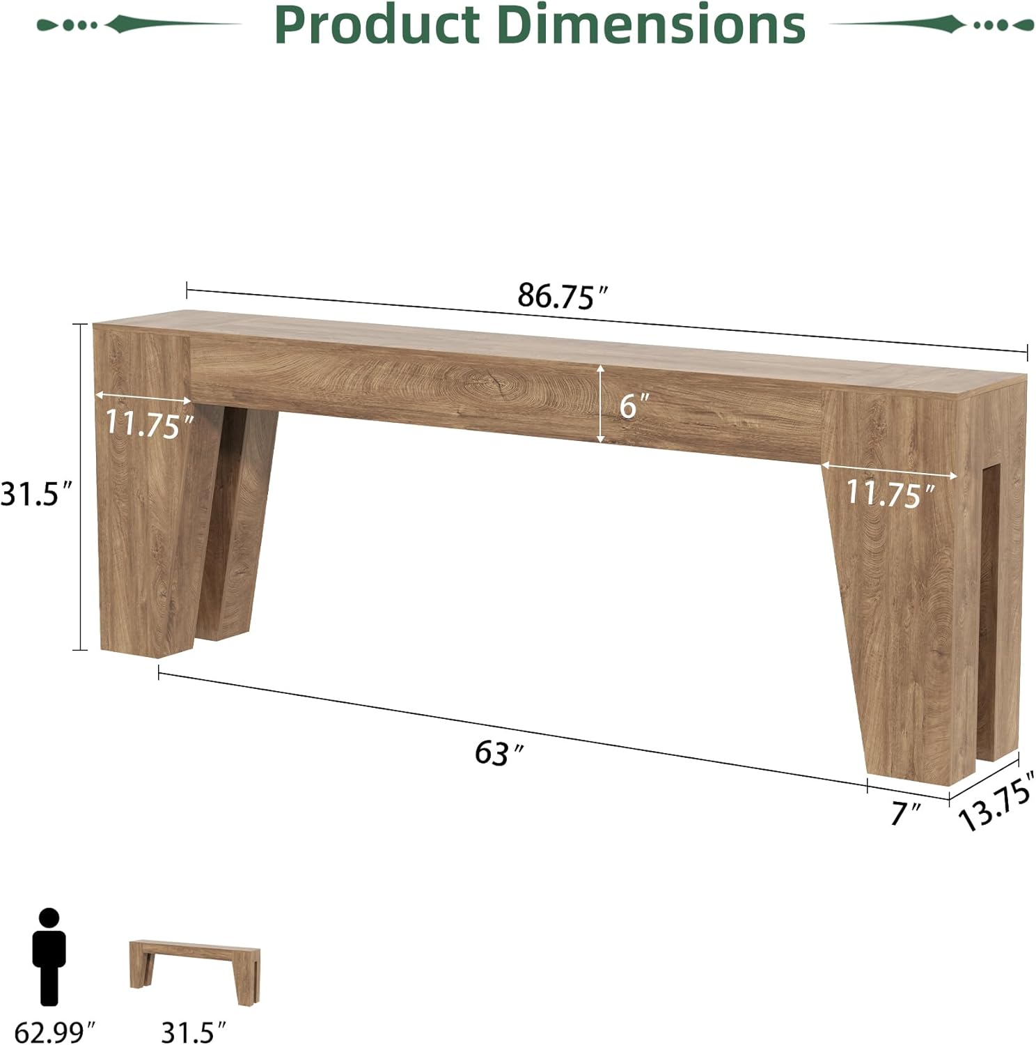 86.75" Extra Long Console Table with Open Framework for Entryway, Natural Wood Style Sofa Table with Double Column Tilt Design, Large Bottom Space Couch Table for Living Room Hallway, Rustic Brown
