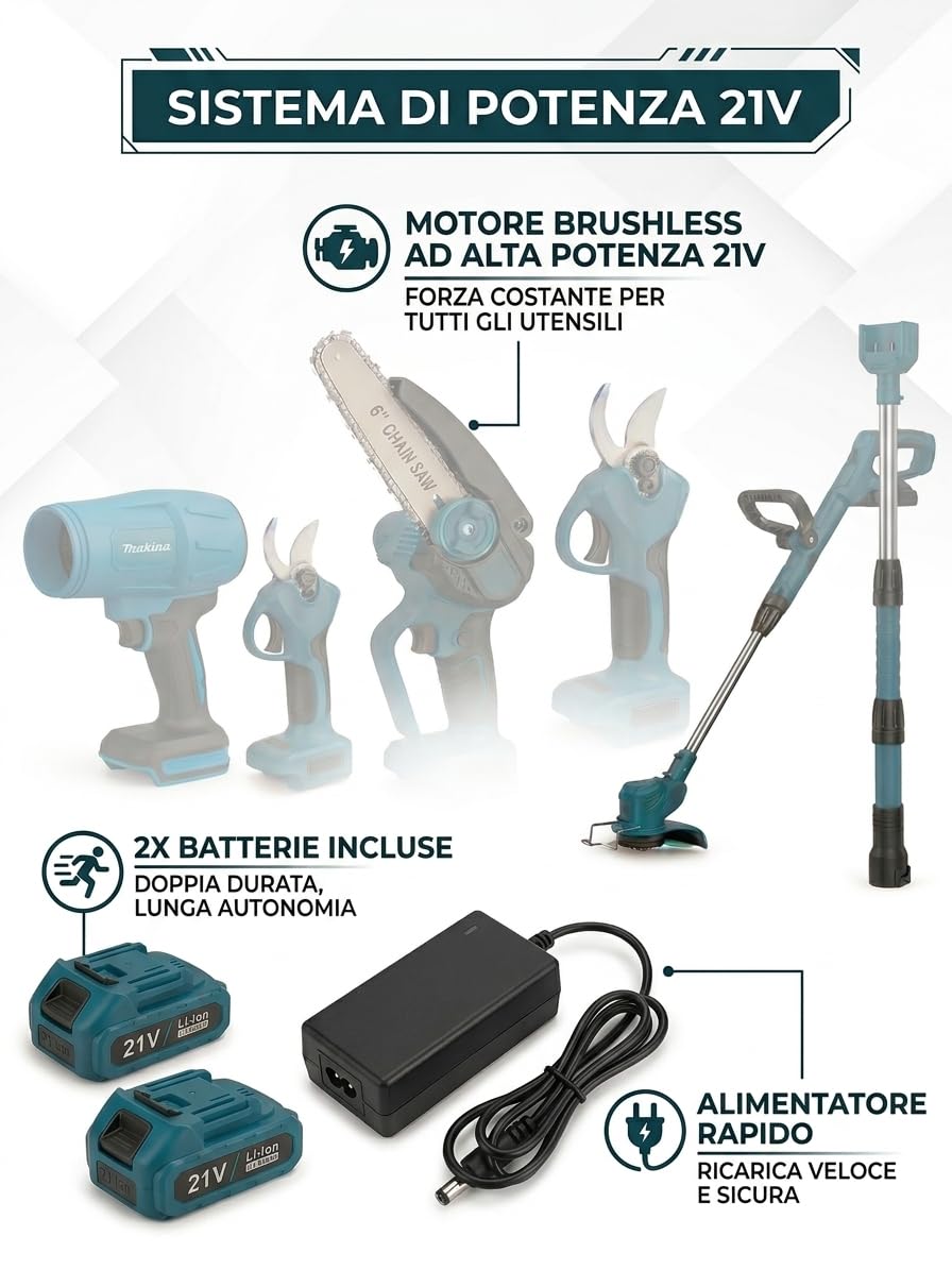 Kit Potatura a Batteria con Asta Telescopica Professionale 21V, Mini Motosega 6", Forbici Cesoie Elettriche, Soffiatore, Decespugliatore - Motore Brushless, 2 Batterie, Accessori Inclusi
