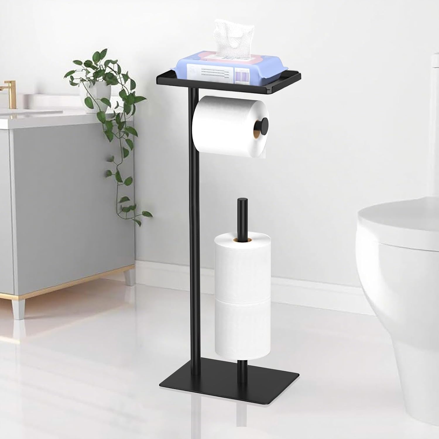 Black Toilet Roll Holder Free Standing with Top Shelf