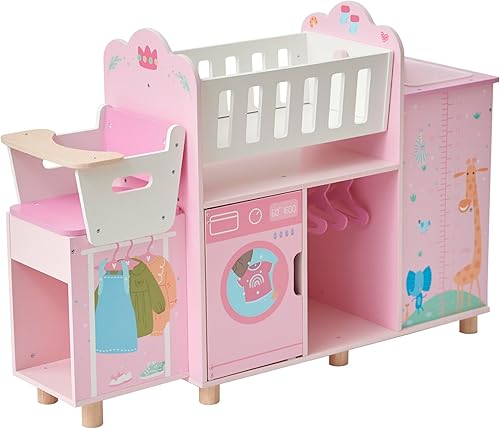 Olivia's Little World Amanda - Estación de madera para guardería de muñecas 6 en 1 con cuna mecedora, silla alta, almacenamiento, lavadora y
