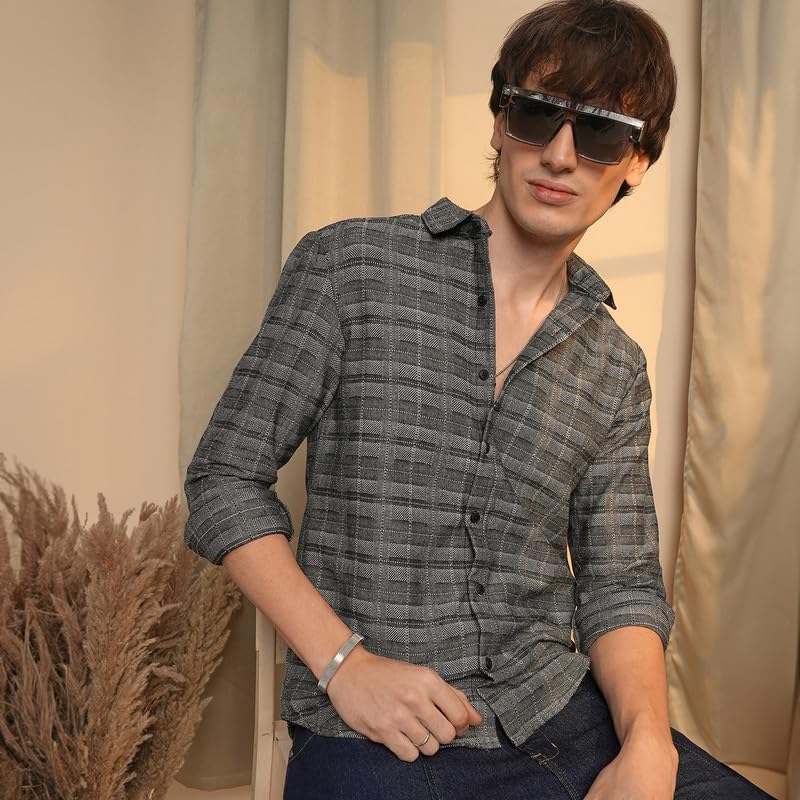 Image of CAHOOT Men's Gingham Shirt | Casual Wear | Spread Collar | Long Sleeve | Button Closure | Shirt Crafted with Comfort Fit for Everyday Wear