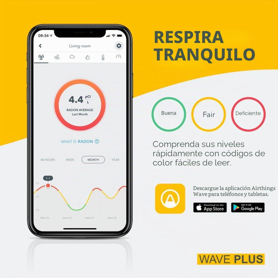 Airthings 2930 Wave Plus: monitor de radón y de la calidad del aire con detector de CO2, COV, presión de aire, humedad y temperatura
