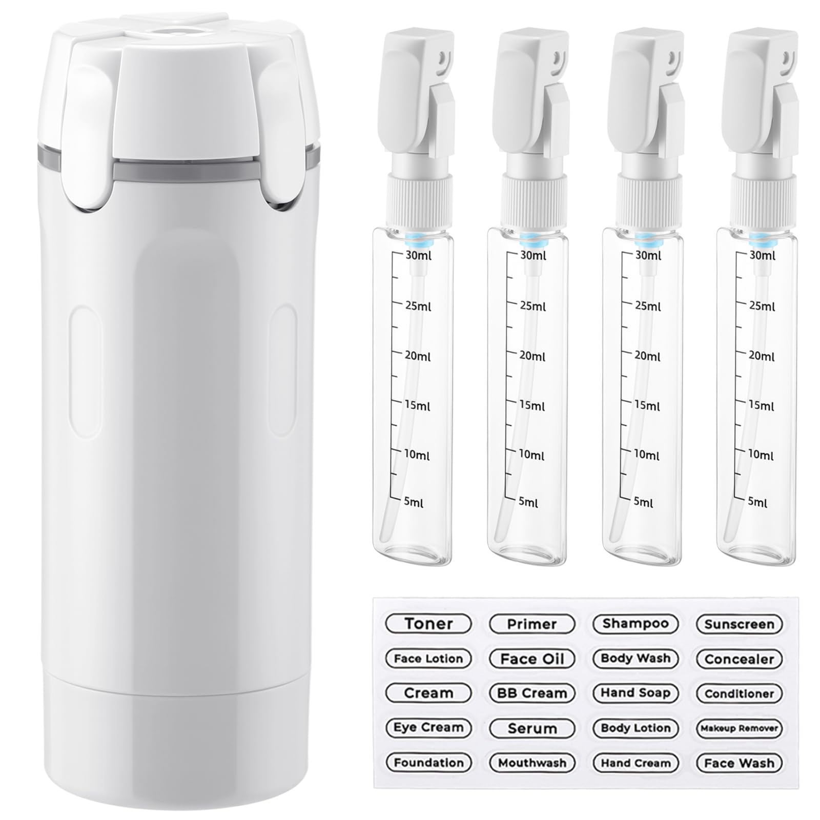domensi 4 in 1 travel dispenser, white | with 30ml travel bottles, label refillable & leak proof, portable toiletry containers with locks, for shampoo lotion cream